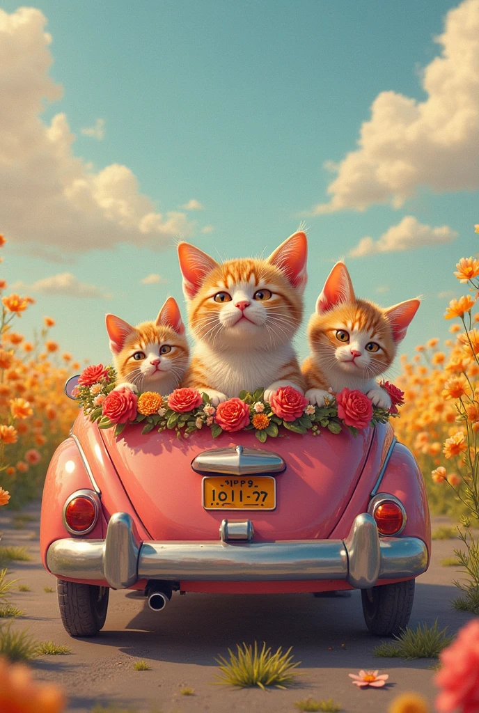 Close-up of a Better Masterpiece: “Lila takes a deep breath, a big smile on her face, ready to ride out in the warm sunshine and gentle breeze. Today... the world is more beautiful than ever.” (car )  flower. 3 cats