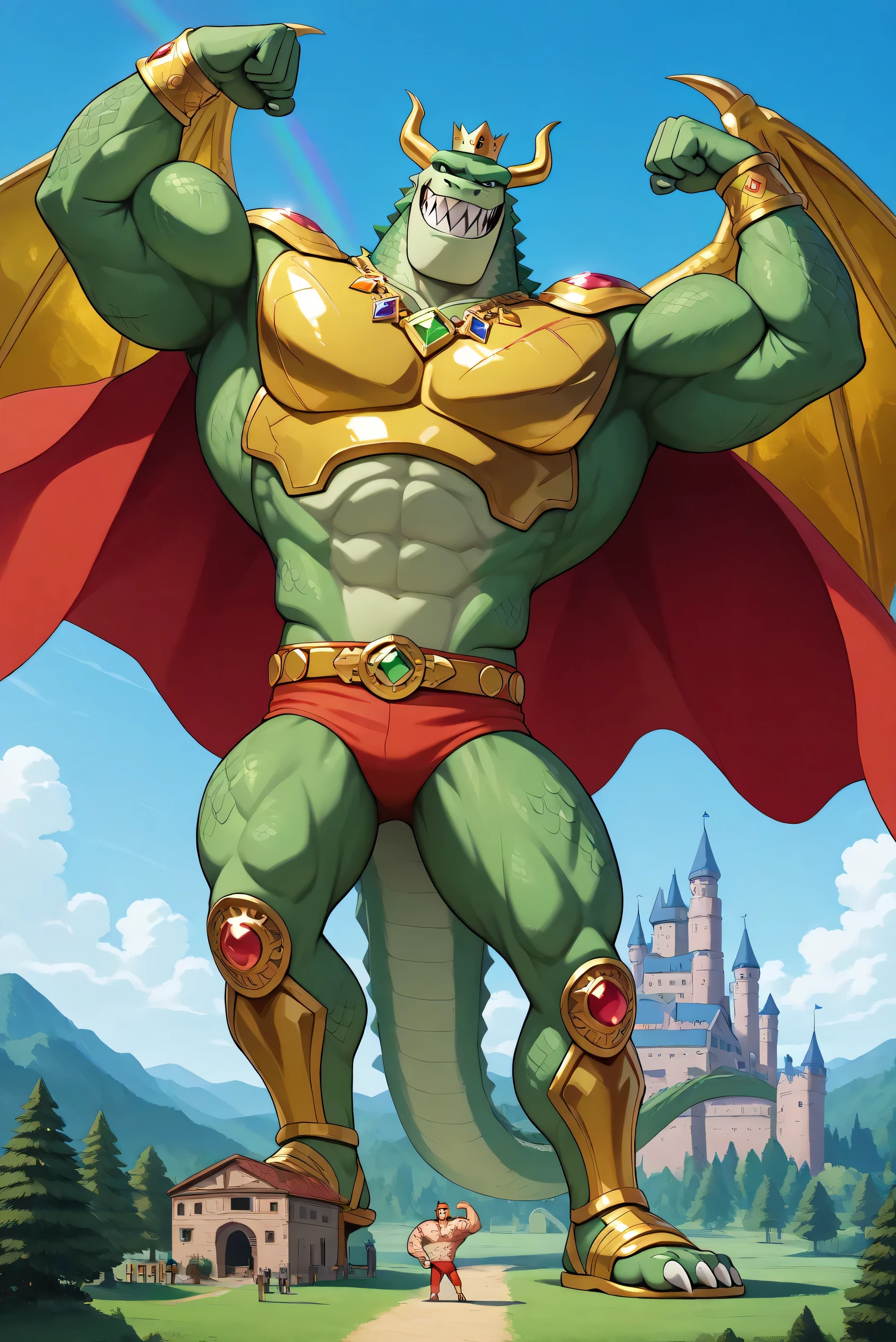 a green giant bad muscular weredragon with saturaded green emerald scales, 2 big golden, ruby, diamond and emerald wings, golden horns, sharp teeth, sharp claws, golden chest with colorful jewels, golden armor with colorful jewels, golden bracelets with colorful jewels, golden necklaces with colorful jewels, golden crown with colorful jewels, golden belt with jewels and keys, golden sandals, scars and tattoos on pectorals, abs, wearing red underpants, a very long ripped red cape, cartoon 2d style, castle and village, giant size, macro size, 50-foot size, 100-feet tall, blue sky background, clouds, rainbow on the sky, trees, standing, flexing his powerful muscles pose, a large plant (beanstalk) behind.
