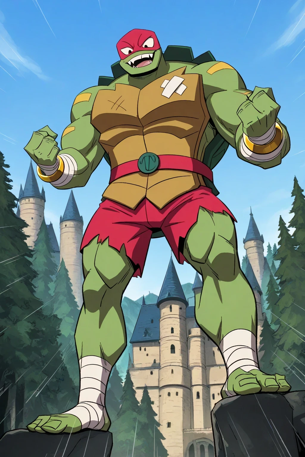 A giant muscles strong ninja turtle raphael, looking down, blue sky background, castle, micro background, forest background, mountains behind, score_9, score_8_up, score_7_up, smooth lines, soft shading, 2d, extreme detail, 4K 8K 24K, 1boy, solo, raph, muscular, green skin, turtle, mask, belt, bandages, sleeves, ripped red shorts, golden bracelets, full body, happy, powerful smile expression, giant size, macro size, 50-foot size, 100-feet tall, sharp fangs, sharps teeths, jack and the beanstalk scene.