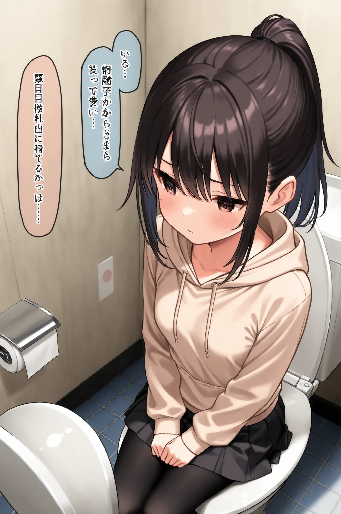 nsfw,,fellatio,sucking a penis,smooth anime,kneeling on floor,crowd,mature modest woman,solo, (black hair),short wavy hair,bukkake,excessive cum,cum dripping,(bukkake on face),patterned skirt,brown blouse,sideshot,at public bathroom,tiled wall,kneeling,plump body,look up,crying,trembling,