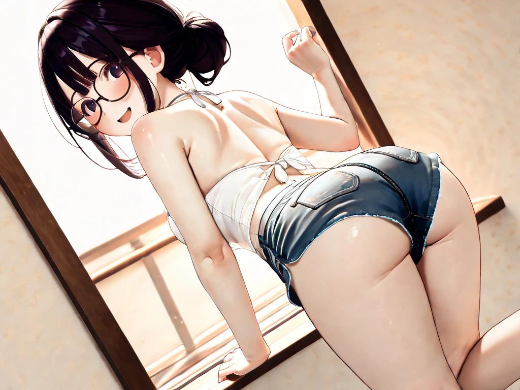 (masterpiece, best quality, perfect anatomy:1.1), a woman wearing a lingerie taking a photo of her self in a mirror,phone,japanese 1girl,独奏,23 years old,black ponytail,pattun,bluntbangs,round face,drooping eyes,brown eyes,(blush :1.2),Angle from below,独奏, Big Breasts,circle glasses, sink, mirror,fitting room, Selfie, cellphone, navel, reflection, ((printed white cotton bra and panties)),(Sailor uniform,shirtlift,upskirt)