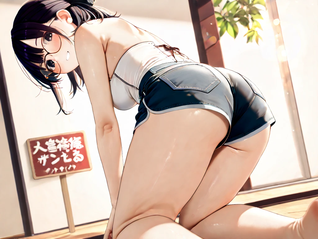 ((highest quality)), ((masterpiece)), (detailed), Perfect Face　Two Girls　barefoot　detailedな足　detailedな足指　detailedな足裏　only　Realistic shoe soles　5 toes　Realistic legs　On all fours　Angle from behind　Office Lady