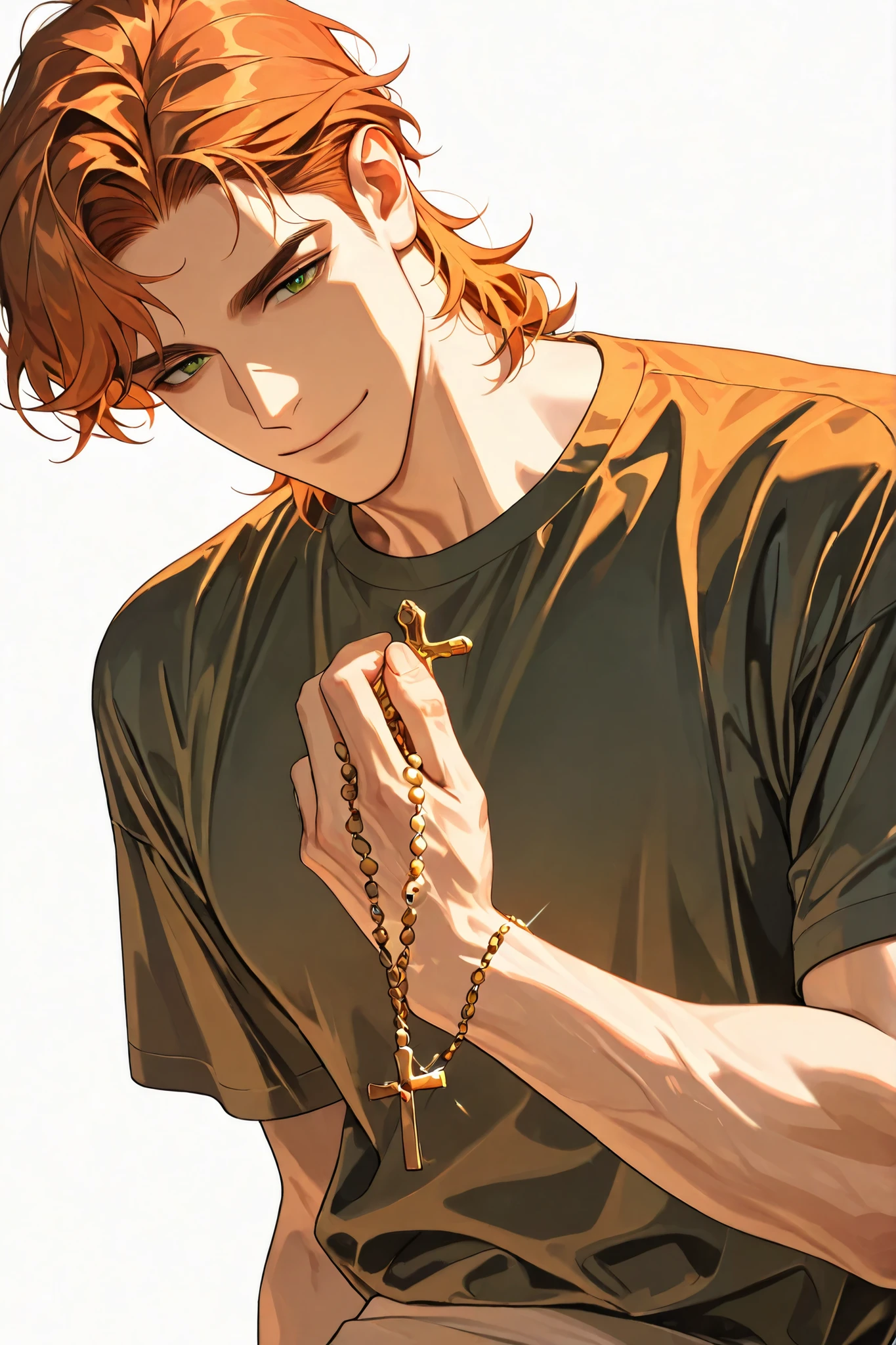 A handsome, mature Italian Korean adult male with brown orange hair and green eyes has a very gentle and gentle impression, and is wearing a short-sleeved shirt with a smile and a skinny body., Holding a rosary,white background, close-up, DYNAMIC ANGLE