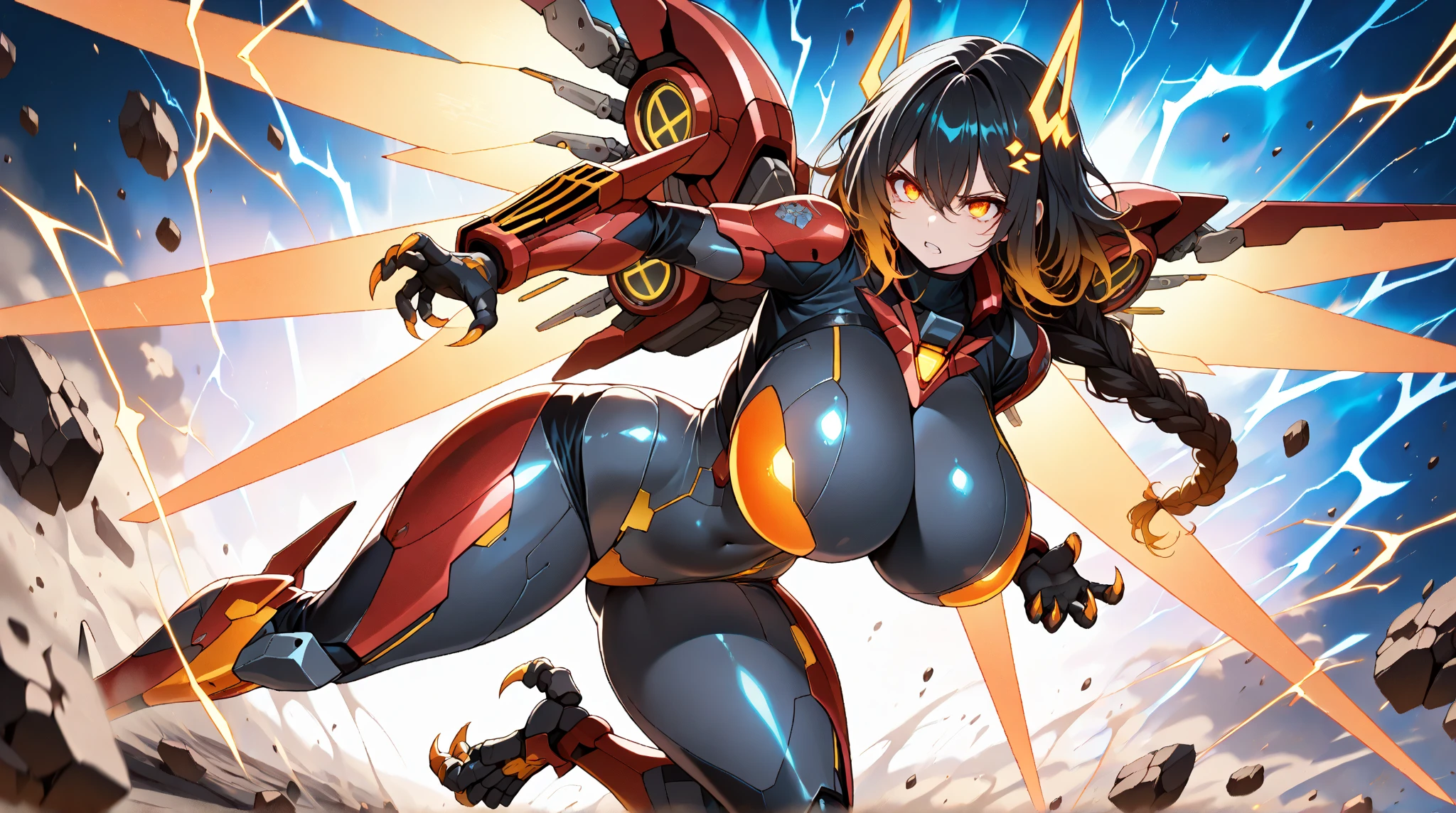 Highest quality,Masterpiece,High resolution,Super detailed,perfect anatomy,extremely detailed CG,girl,(Full body painting)、No correction、(((Sato Air)))、(Character portrait)、Fighter of Justice、One unparalleled beautiful girl,Short Hair,Brown Hair,Blue Eyes,Big Breasts,Big Butt、Glossy black bodysuit、A plump and seductive body、The ultimate female body、smile,cute,Refreshing belly,,See-through clothing、Shiny skin、Wearing a mechanical miniskirt、((Mecha Girl))、Knee socks、(Has mechanical bird wings on his back)、(Has a mechanical tail)、(Mechanical Limbs)、(Background is a ruined city)、(Hand guard)、