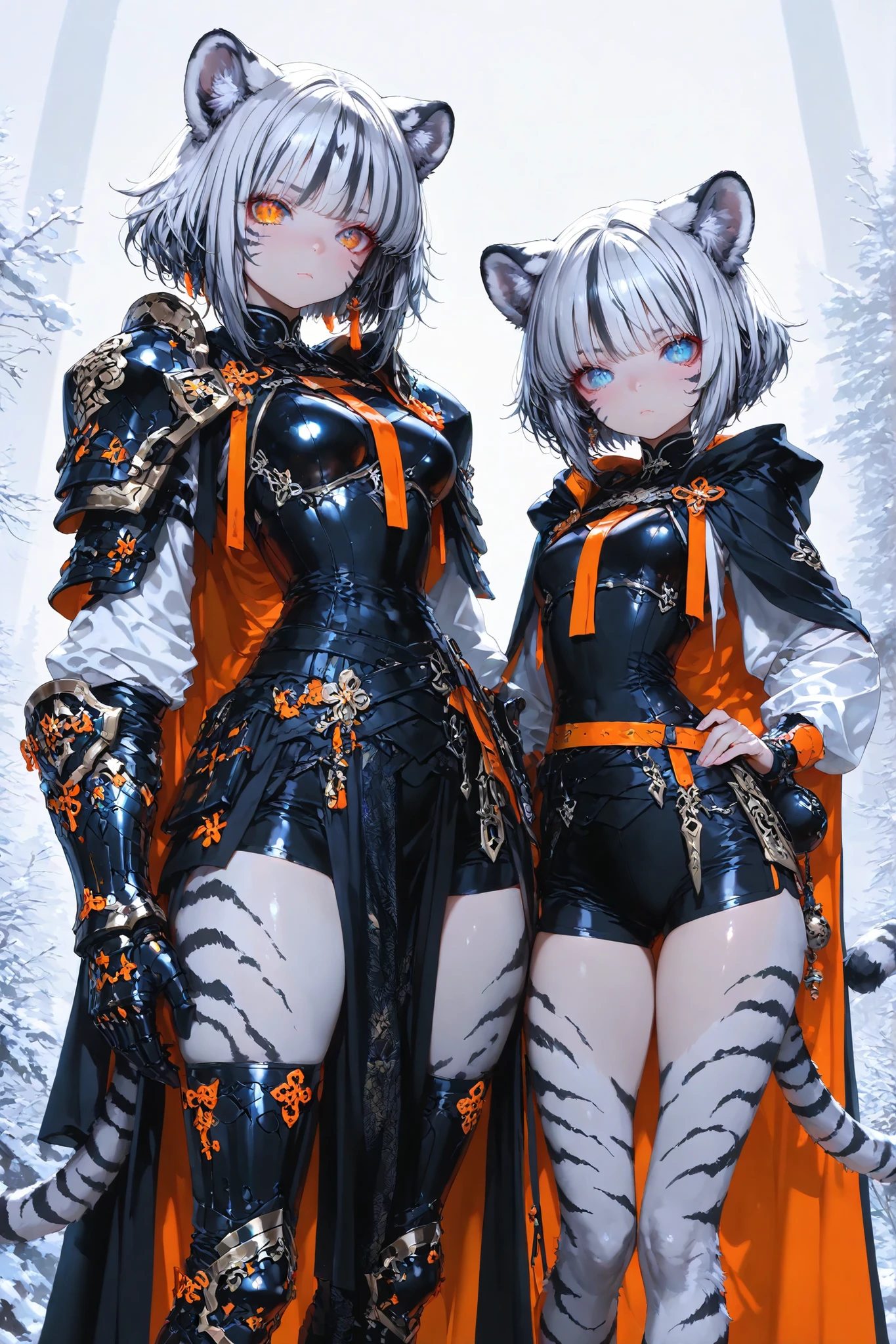 masterpiece, top quality, ultra high resolution, High Resolution Eyes, White Tiger Girl, small tits, Petite, odd-eye(Blue eyes on the right、orange eyes on the left), Timid expression, Large Gauntlet , white tiger pattern bob cut, Beast Ears, Tiger tail, wearing black armor, wearing shorts, cape, furry legs