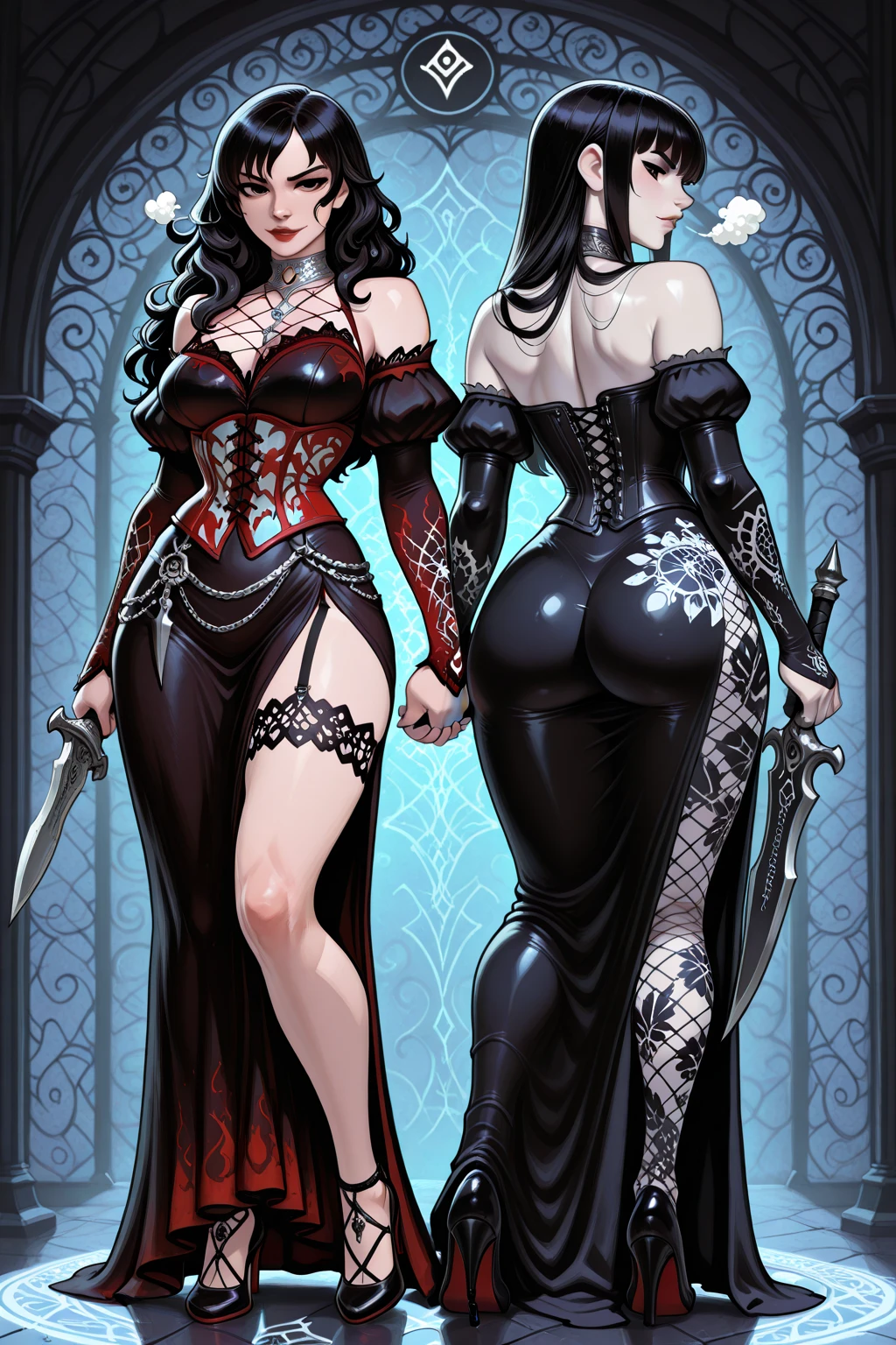 lewd nun，（Iron Mask Armor），cabellos largos dorados，Metal heels，Long face，Long face，Long face shape