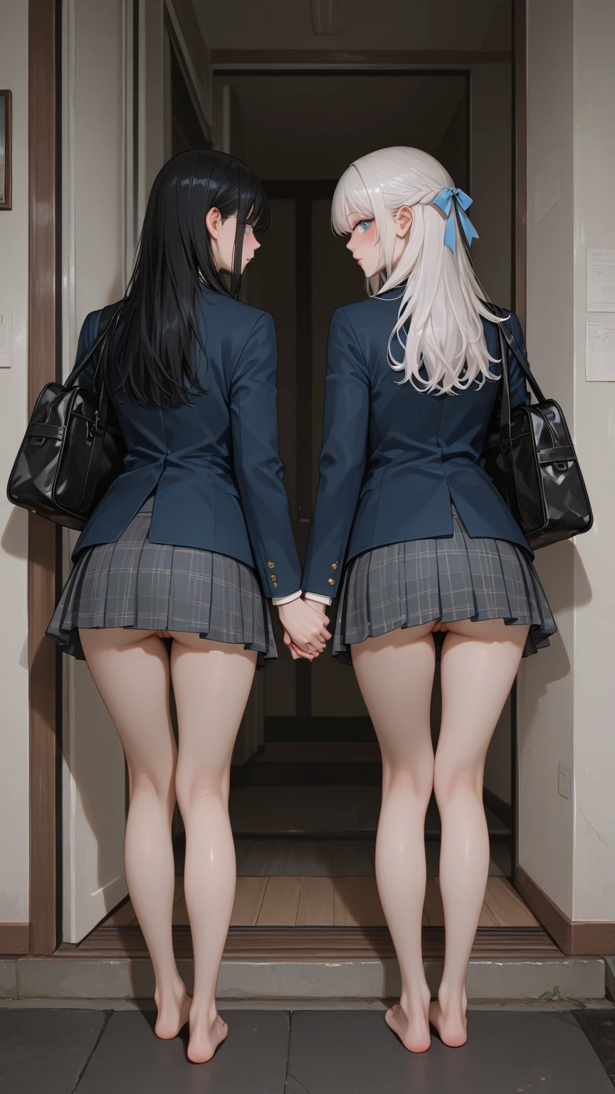 (Assfocus, Through wall, Glory wall pose:1.2), SchoolGirls wearing uniforms with white Thongs, Red ribbon, Glistening ivory skin, name plate, no legwear . Different types of hair colors, (((NOGIZAKA face variations)))  Extremely Detailed very KAWAII face variations, perfect ???????, Childish, captivating gaze, elaborate detailed Eyes with (sparkling highlights:1.2), long eyelashes、Glossy RED Lips with beautiful details, Coquettish tongue, Rosy cheeks . { (Dynamic joyful expressions) | :d) }, Random eye color, (large eyes:-1), (Acutance:0.85) . Assfocus