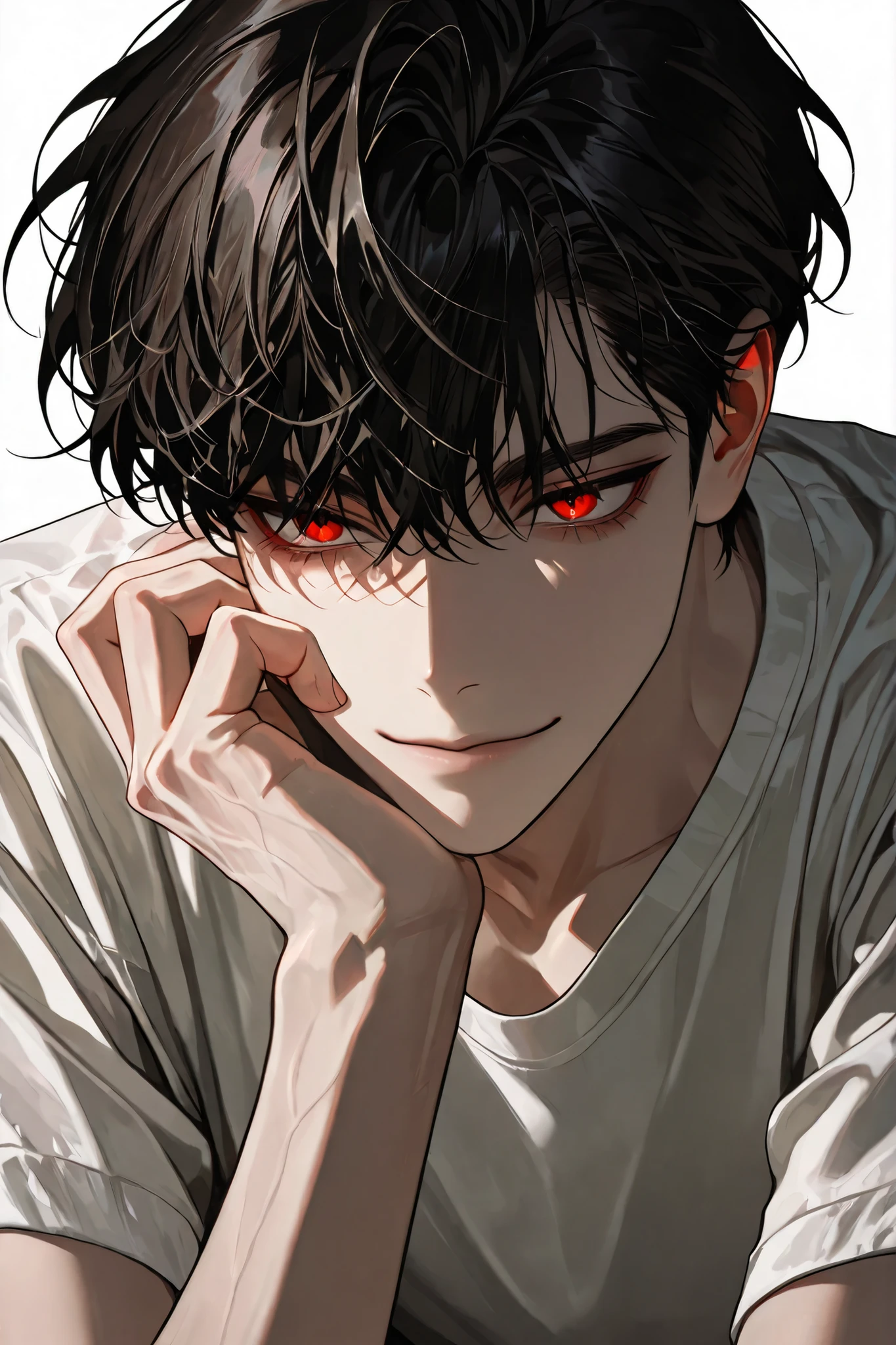 The handsome Korean man with dark hair and red eyes has a slender and soft impression, has a strange smile, wears a loose, comfortable style short-sleeved T-shirt, and is skinny., white background, close-up,  Healthy skin tone 