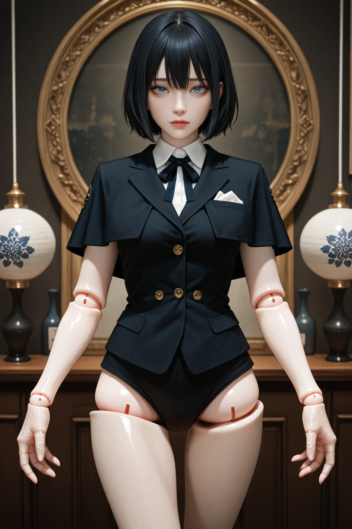 (highest resolution, distinct_image) superb, masterpiece, high detail, semi-realistic, black short hair girl, solo, 18 years old, young, tall and strong, handsome stance, black uniform, trousers, flat military boots, military uniform, military school, confident, serious, cold, meeting, meeting, conference table