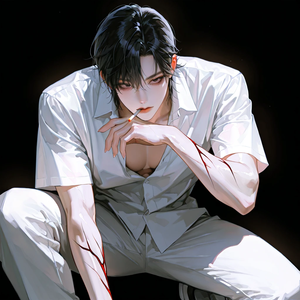 Muscular Asian boy with short hair, sitting on a metal chair on reverse, resting his left arm on the back of the chair, and his right arm inclined uphill, placing his index finger on his lips as a sign of silence..