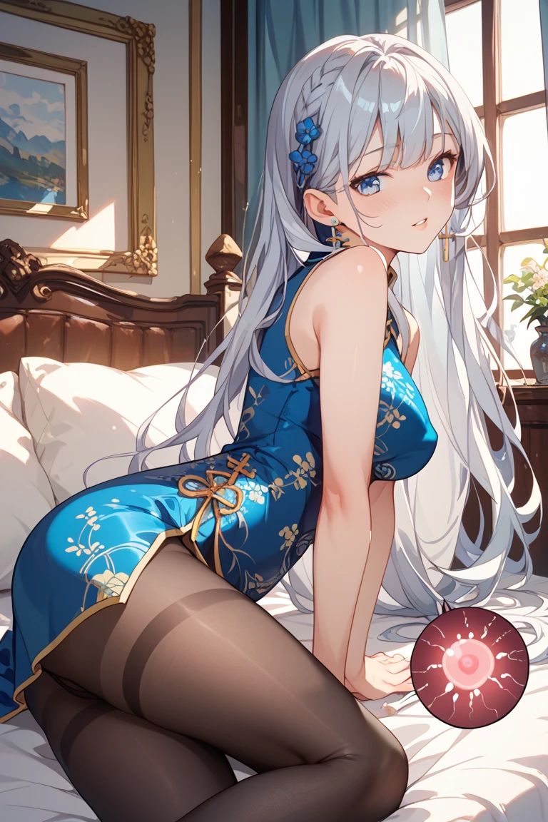 Model shooting style, (masterwork:1.3), (absurdres:1.3), (maximum quality:1.3), (8K), (Masterpiece Digital Art), (Detailed Manga Illustration), (handled hair), flawless anatomy, (ntricate detail:1.3), (Ultra-detail:1.3), (illutstration:1.3), (sharpening Focus:1.3), (vivid-color:1.3), NSFW、1girls, 独奏, (White hair), Long dress、Crystal clear red eyes, Floating Hair,mediumbreasts,White Skin Skin、chinese clothes、ChinaDress、sleeveless、Deep slit、Underwear is visible、Chinese style、Mysterious、night、embarassed、Troubled face、Reddened cheeks、transparency、A little juvenile、full-length view、Petals are waiting、Long dress、Bedroom