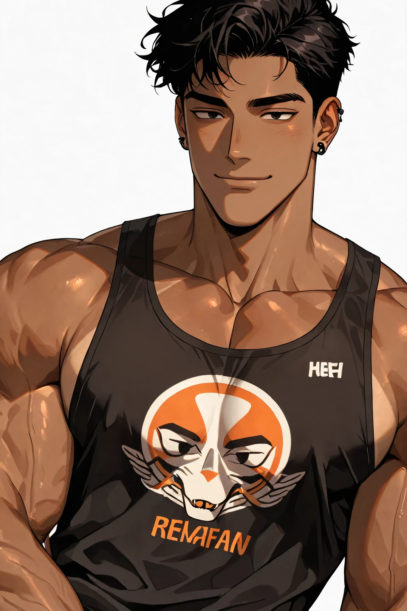A handsome Korean adult male with dark hair and dark eyes has healthy tanned skin, a confident and proud impression, has a playful smile, wears comfortable sleeveless clothes with expensive but awkward prints, and has a lean muscular body with a masculine feel., white background, piercing, close-up