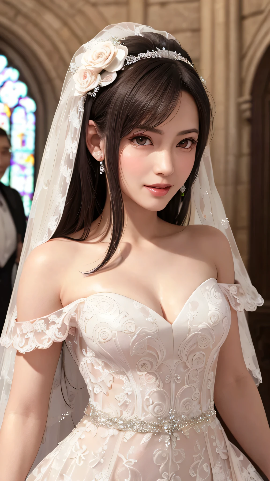 1girl, solo, long hair, breasts, clevage, long hair, wedding dress, holding flower, looking at viewer, standing, blush, smile, parted lips, church, portrait, depth of field,