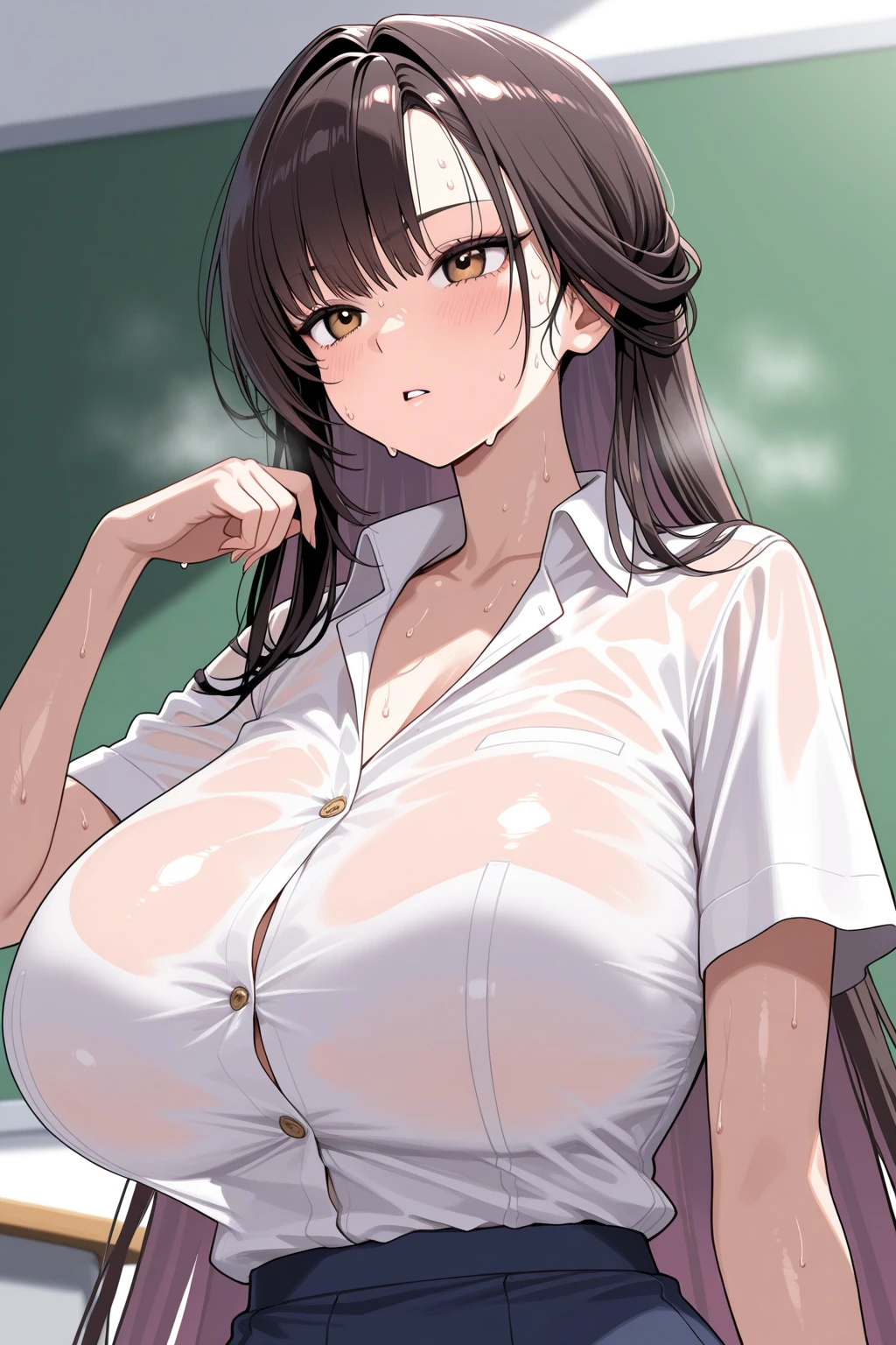 Green medium short straight hairstyle，Sexy，Miss，teacher，White suspender sheer dress，Huge Breasts，blush，Smile，Lipstick，noble，exist|inside the classroom，cleavage，Throw out your arms，Green eyes