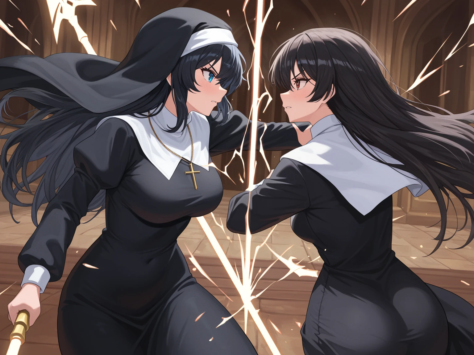 Woman, tall, long black hair,Large breasts, defined, muscles showing through her clothes, dressed as a nun, fighting posture, with several men surrounding her in church