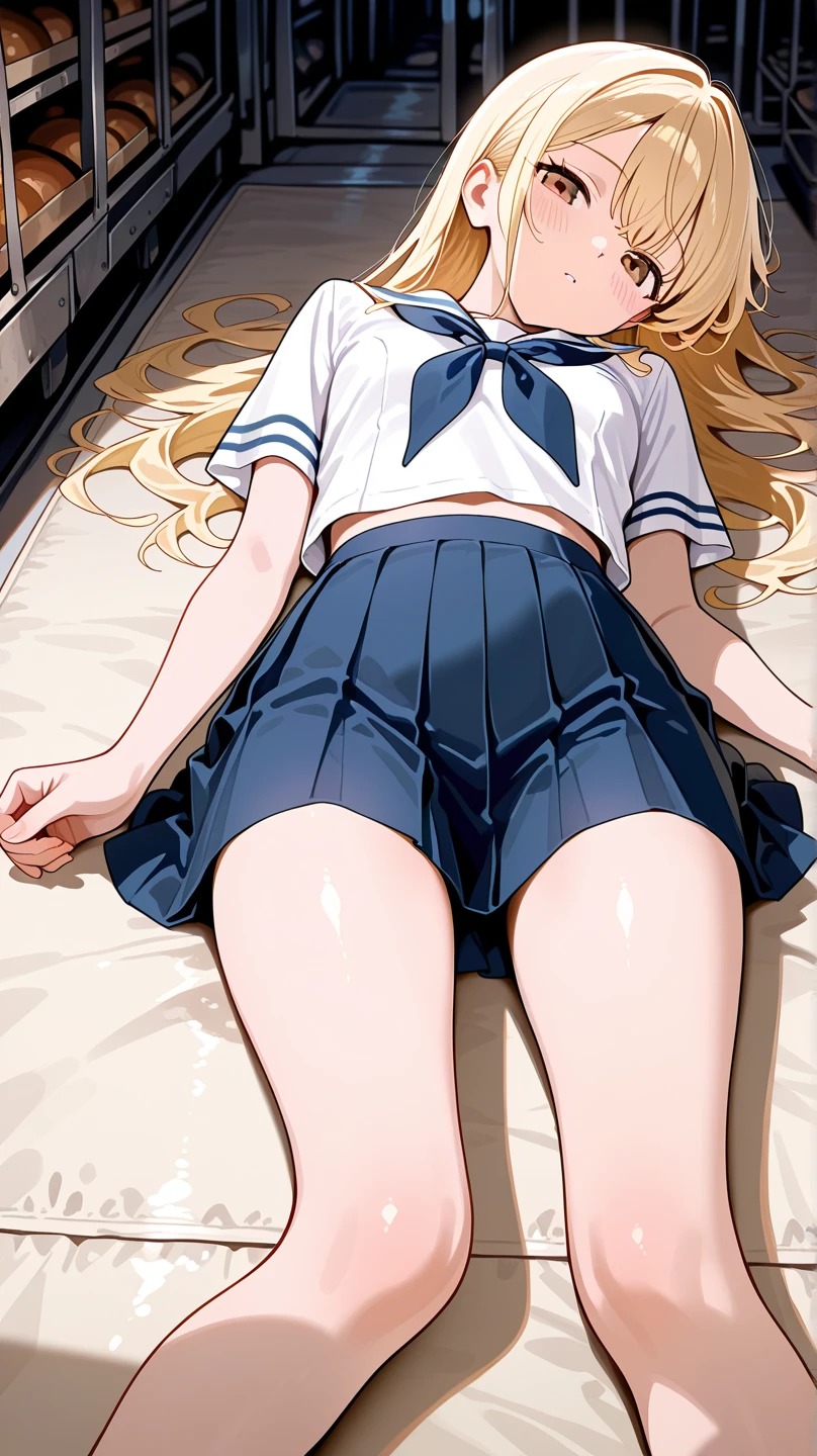 masterpiece, best quality, high resolution, Venus 1, 1 Girl, Solitary, Sailor Soldiers, Sailor Venus, Minako Aino, Blonde, Magical girl, blue eyes, orangeskirt, Headdress, Pleated Skirt, bow, Orange sailor collar, mini skirt, Necklace, Red bow, Orange Necklace, Extra long hair, Jewelry, earrings, Lying in bed, , Put your hands behind your head, Plump camel toe, Black panties, Orange high heels, Lace panties, Transparent underwear