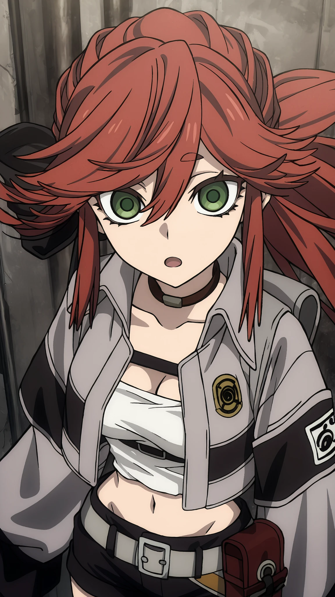 Reaper Riyou,
High quality , best quality , masterpiece, High Resolution , detailed face( LoRA: Riyou),anatomically correct, detailed hairstyle( LoRA: Riyou),anime Coloring,
solo, 1 girl
ponytail, spiked hair, long hair, red hair, green eyes
brown choker, cropped jacket, grey jacket, white tube top, cleavage, small breasts,, long sleeves, sleeves past wrists, armband, midriff, navel, grey belt, short shorts, black shorts, belt pouch,
looking at viewer ,close up,from above,upper body
,, Rough city,
,, open mouth