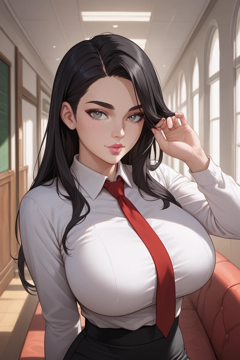 hair in a high ponytail, busty, cleavage, unbuttoned , skirt, standing, smiling, parted lips, (blushing:1.3), looking invitingly at the viewer, facing the viewer, livingroom background, leaning forward on table, (pov), glowing eyes, necklace, earrings, nsfw,
