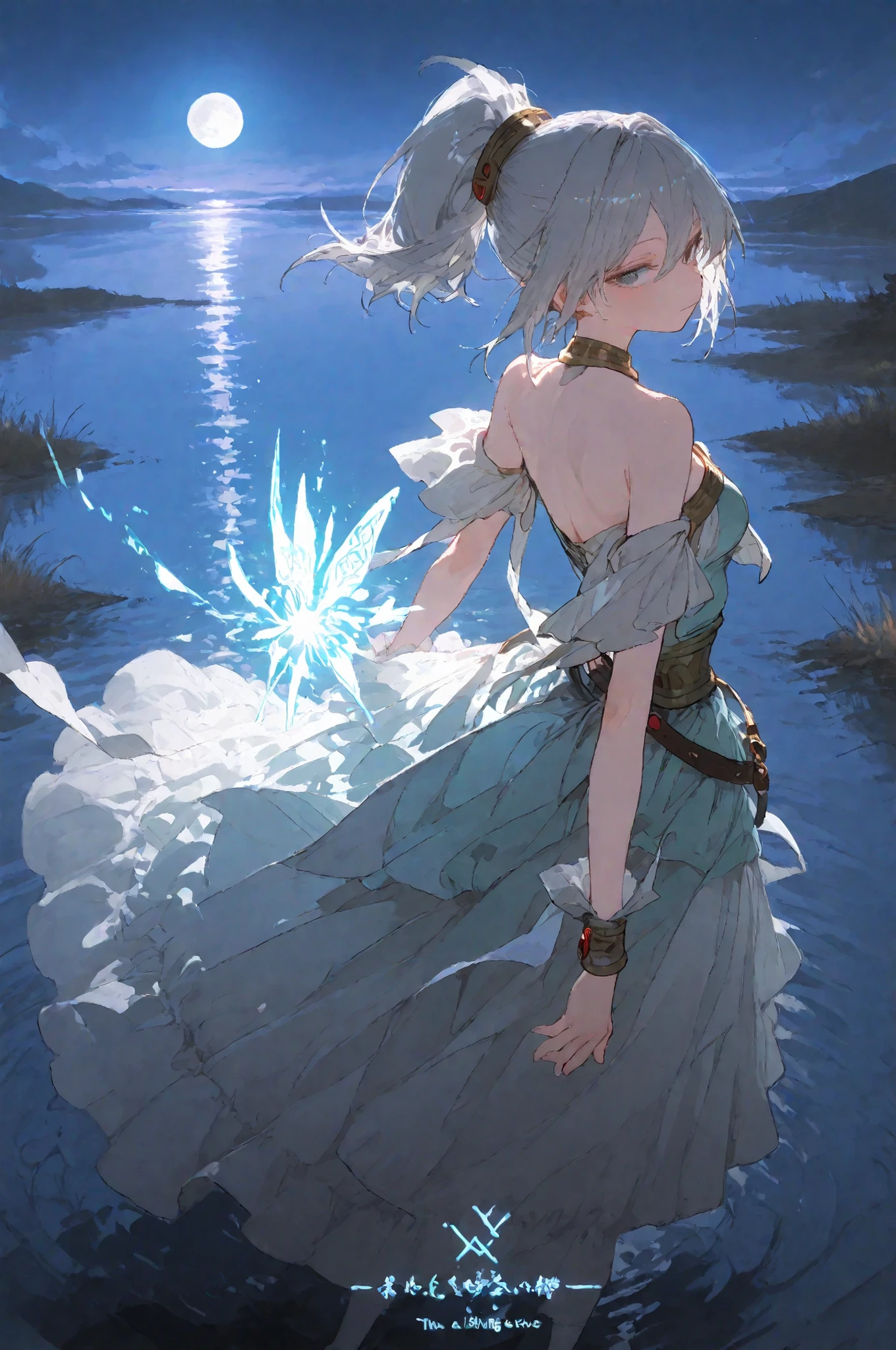 , illuminated by the full moon, , and a magical girl with silver hair, hair gathered in a high ponytail. she is wearing an asymmetrical dress with a fabric belt, swings in the wind , , with magic runes. the camera is taken obliquely from above, she captures the reflection of the moon on the side {X} Surrounding her are water lilies that shine with water. Moment of shooting, her arms spread wide, shining in her arms and a whirlwind of moon magic eXplodes above the water.