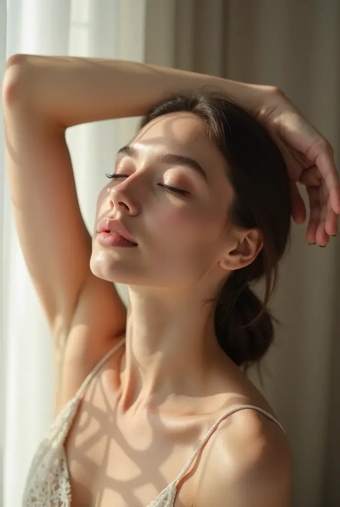medium shot,Surreal:1.4 ,1 woman,Look up at 30°,Three-point profile,Silver gray clean short hair,breeze,emotional eyes,Bright sky background,Soft shadows,Bright picture,naked portrait, nude photography, shiny nipple, show armpit ,looking at viewer, pussy pubic hair, thick pubic hair