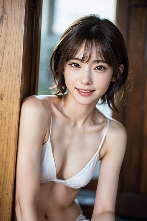 Masterpiece,(8k, RAW photo, best quality, masterpiece:1.2), (realistic, photo-realistic:1.4), (extremely detailed 8k wallpaper), sharp focus, depth of field, blur background, bokeh,Do not split,in the room,(Japanese Woman),20-year-old woman,Licking candy,short hair,Licking candy:1,5,(well-proportioned body shape:1.5),(Wearing underwear: 1.5),The whole body was photographed,sexy poses,smile