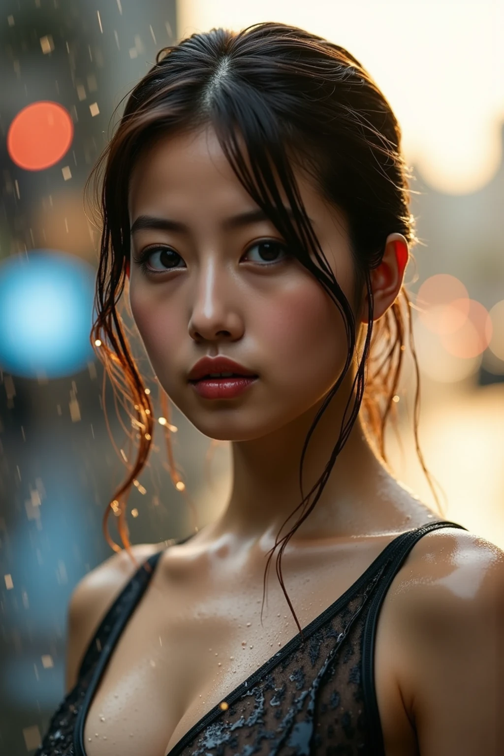 (masterpiece:1.2), ultra detailed, ultra high res, (realistic, photo realistic:1.37), high detail RAW color photo, professional photograph, extremely delicate and beautiful, Extremely detailed, finely detail, highly detailed beautiful girl, extra detailed face, extremely detailed eye, highly detailed skin, extremely detailed fingers, highly detailed nose, highly detail mouth, Perfect Anatomy, Highly detailed background, (a famous actress of Japan:1.2), (gyaru:1.2), (Tanned skin:1.4), (Ponytail), (flat chest:1.4), Dynamic lighting, (dynamic pose:1.4), (Harness), Hot Pants, (Heavy rain:1.3), (Wet:1.3), water drops, (downtown:1.3), frown, (armpit),