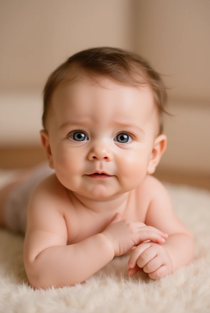 Baby lying on his stomach with his face under his hand looking at the viewer, baby lying on white background as if in a New Born photoshoot, the baby wears neutral clothes