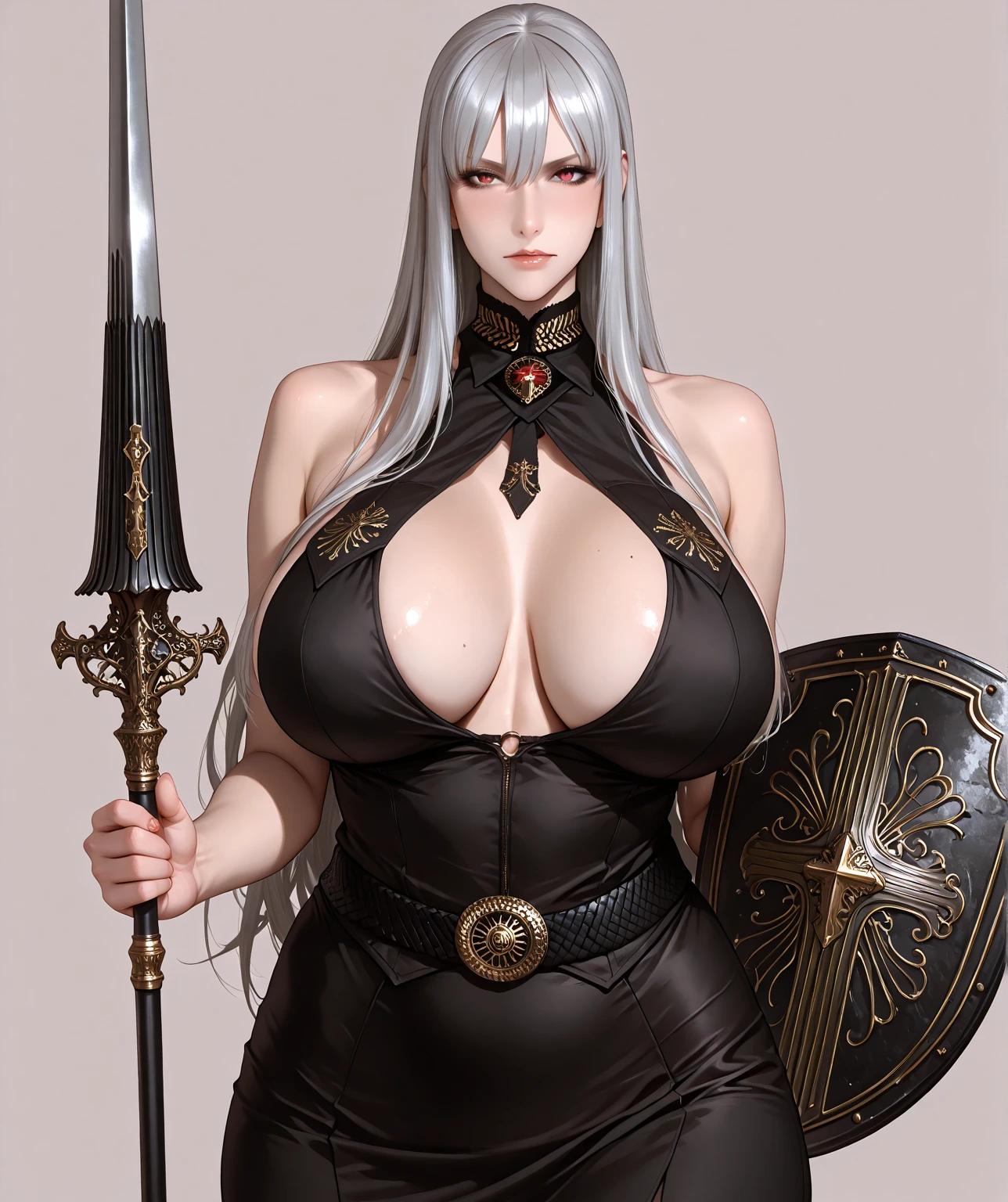 Striped hair, french braid, mismatched pupils, Chiaroscuro, illuminating, Gothic art, 16k, Best quality, Anatomically correct, High details,cavalier,holy paladin,Leather bandages,Metal chains,huge tit,(Armor),Heavy armor,Gorgeous armor,(huge tit)