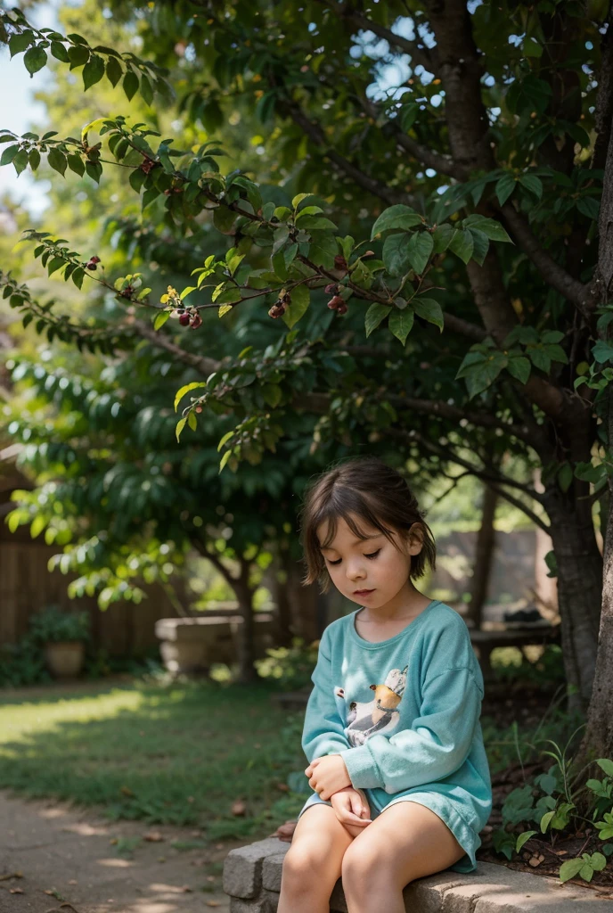 Make a picture where a child is sitting under a tree in the forest making a wish