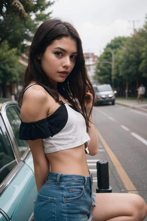 (Best quality, Ultra-detailed Street Photography: 1.2), Monochrome, High Contrast, Gritty Texture, Raw-Photo, (Black and White: 1.5), (Retro: 1.3), 20's, Female, Purple Hair, Smiling (Sonrisa: 1.0), Happiness (Feliz: 1.0), Vintage Blouse (Linda Camiseta: 1.0), Mini Skirt (Falda Corta: 1.0), Visible Underwear (Se Pueden Ver Las Bragas: 1.0), Arm Tattoos (T