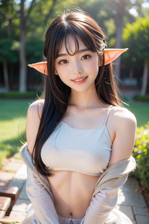 upper body view, kim chaewon as a sexy elf, kim chaewon in a fantasy city, kim chaewon is a petite young girl, kim chaewon, petite girl, small breast, petite figure, long hair, topless, top-less, tight shorts, exposed, midriff exposed, small tits, ((thin-waist)), a small face