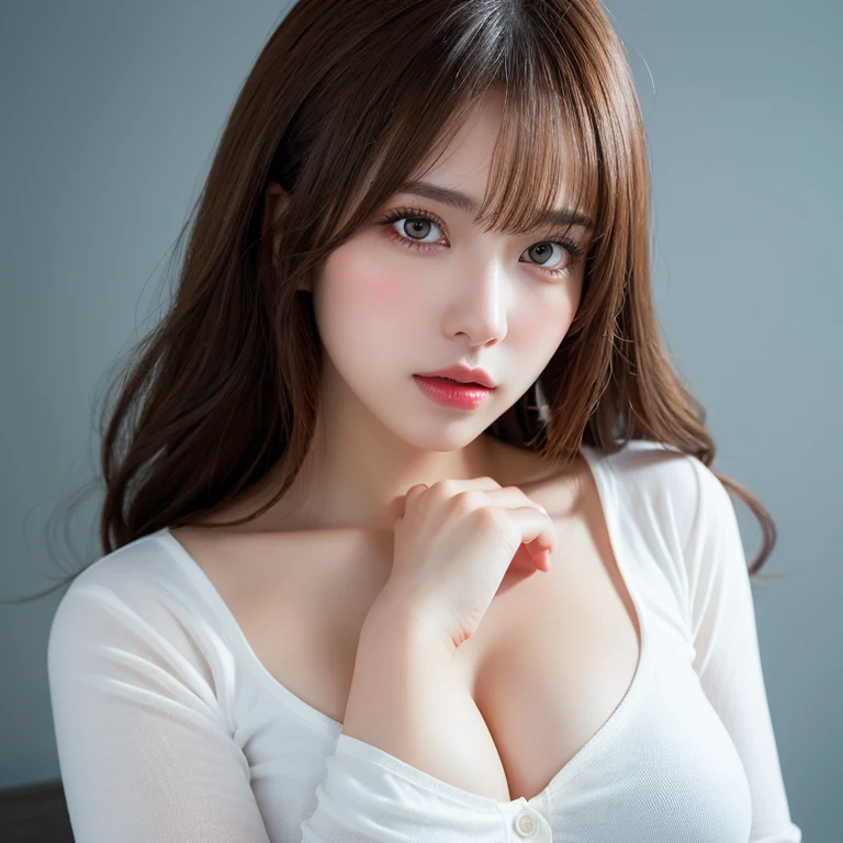 masutepiece, Best Quality, Illustration, Ultra-detailed, finely detail, hight resolution, 8K Wallpaper, Perfect dynamic composition, Beautiful detailed eyes, Natural Lip, White knitted dress , Big breasts, cleavage