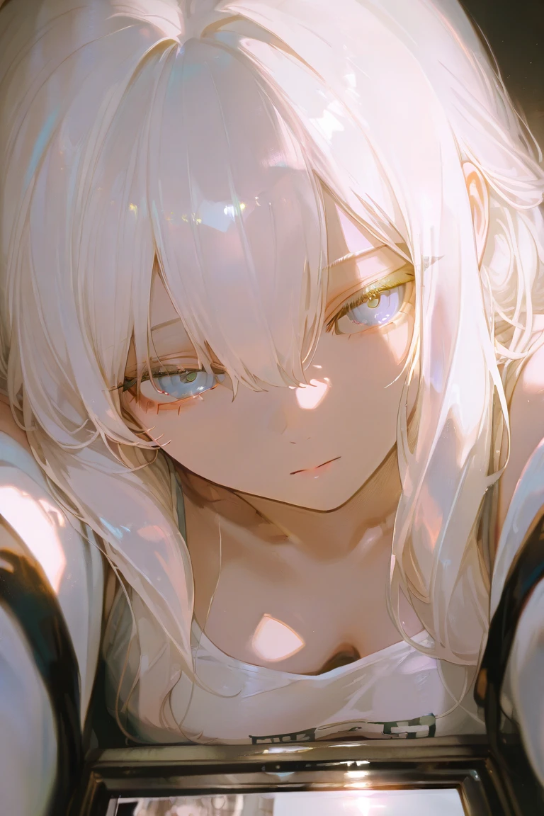 (White-haired girl: 1.2, minimalist: 1.1, Japanese anime, masterpiece, delicate: 1.2, high detail, light and shadow, shadow, fine dust in floating, monochrome background: 0.75)