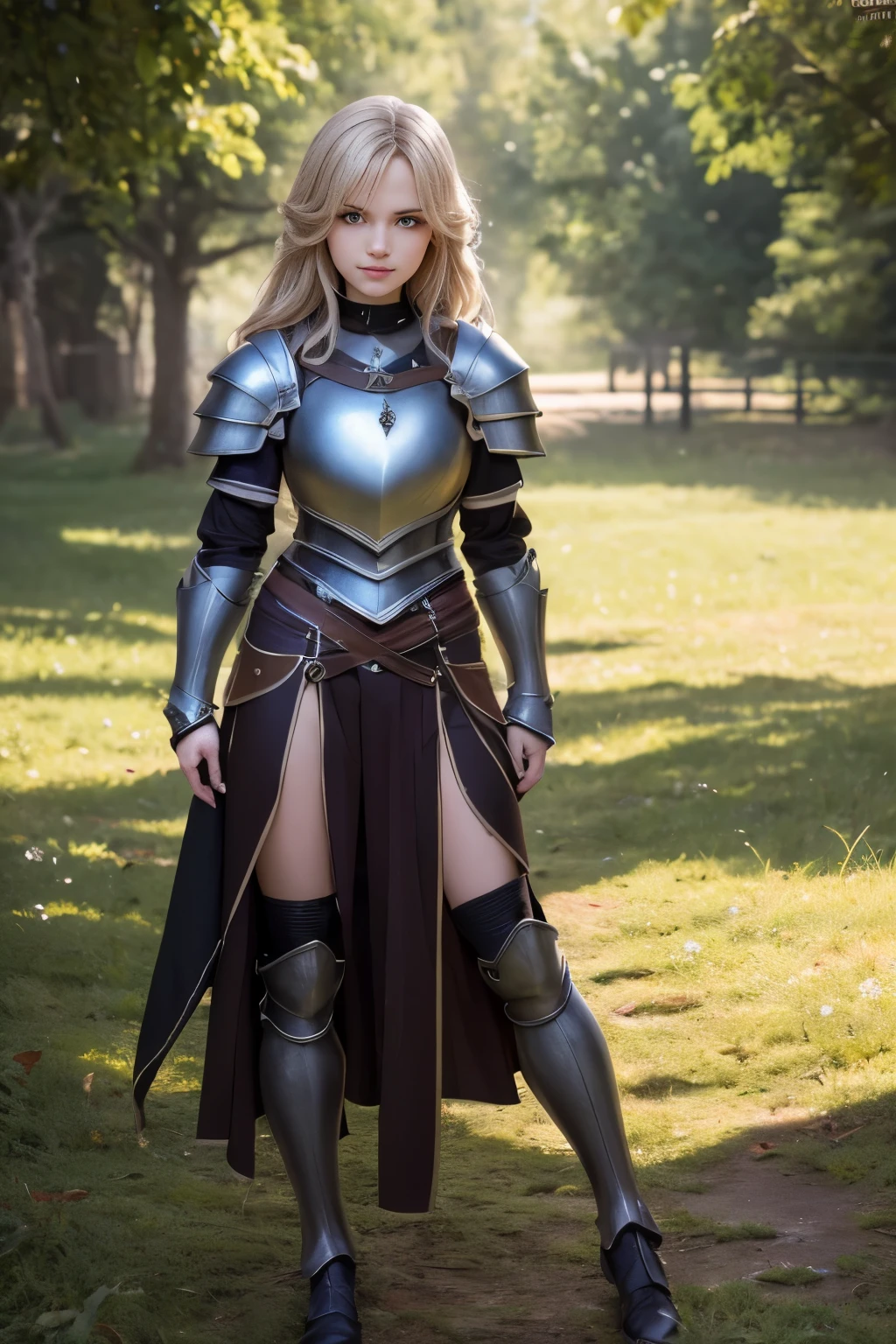 masterpiece, Best Quality, Illustration, Ultra-detailed, finely detail, hight resolution, 8K Wallpaper, Perfect dynamic composition, Beautiful detailed eyes, knight, plate armor, middle ages, long sword, wavy blonde long hair, Cool pose, sneering, a 18 year old girl, Cool, (kawaii:1.3), (Beautie:1.2), Sexy shot looking at camera, sidelong glance, glares, sullenness, Downer, a cool, boyish, looks sleepy, (evil grin:1.2), make up, (full body:1.3)