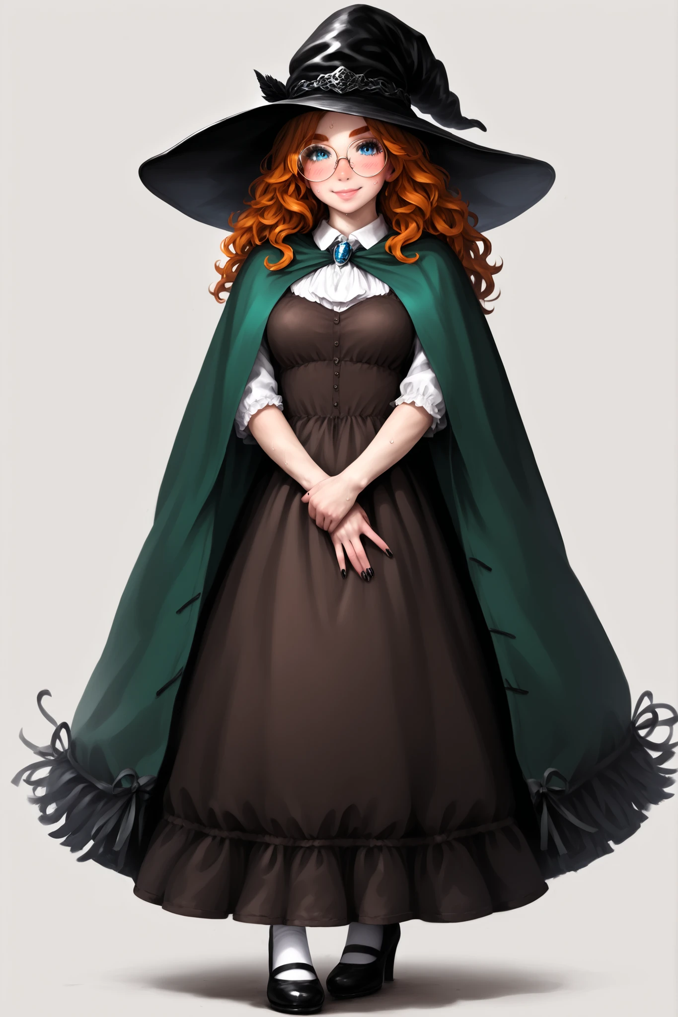 Sharp face details. realistic face texture. Trending. Masterpiece. Detailed comics. Full body. thick outlines drawing. Dynamic character pose. main character. girl pale white skin, detailed dark-red eyebrows, right eyebrow up. thick eyebrows. perfect doll, small nose. big cheeks. shy pose. detailed cute face. short girl. calm look. playful smiling face expression. looking at viewer with shy playful smile. beautiful lips, cute big cheeks, slightly blush. detailed medium breasts. sweat on cheek. detailed sweat. shy smile. Female is a cute small girl, short girl, petite body. 20 years old, standing pose, girl with long wavy hair, wavy bob-A hairstyle, messy fiery-orange hair. chaotic wavy hair. clear forehead. Oversized round glasses. perfect round glasses. one hand on the waist gesture. detailed blue eyes, mascara. detailed body. detailed realistic skin, pale white skin. Huge black witch hat. Huge old witch hat. Black detailed hat. calf-length dress, peasant dress. peanut-brown dress. cotton brown dress. white socks. tight-fitting thin white socks. black mary jane shoes, green cloak. short green cloak on top. detailed hips. blush on the knees. blush on pale body. Dark nails. Detailed dark nails. character creation menu. fantasy character creation frame. goth girl aesthetic. logic body proportions, detailed skinny legs, perfect anatomy. realistic toes. realistic proportions. tender pale skin. pale-white girl. soft details, intricate details, masterpiece, ultra detailed comics, high quality, 8k, fat outlines drawing. best quality, realistic, cinematic, powerful composition. dark souls atmosphere. A game of shadows. Clear. Simple white background. sensual and dramatic light. Sharp face focus, photorealistic details. Moody. expressionistic. dramatic chiaroscuro. realistic shadows. Ultra realistic, realistic graphics. Detailed fingers, detailed hands, detailed skin, Detailed face, realistic body, detailed face. Detailed eyes.