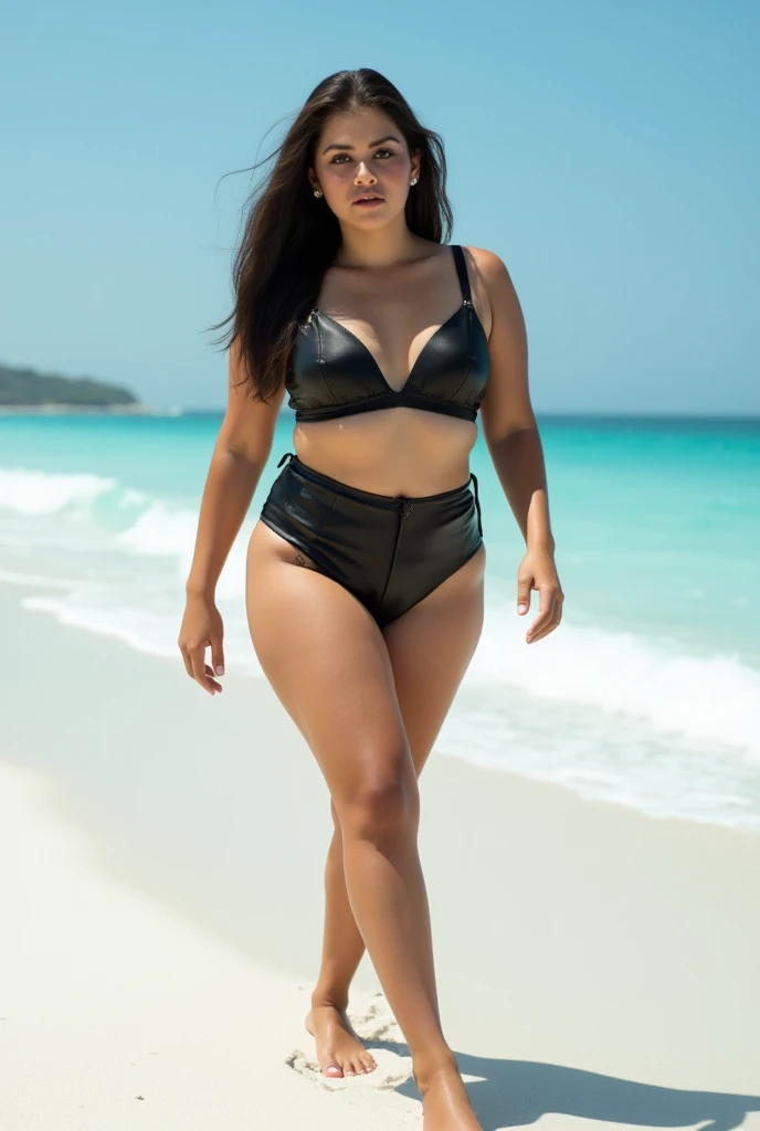 HD wallpaper 32k cinematic shoot of a Beautiful cute Rashmika Mandanna , with thick thighs and a curvy waist, wearing a leather bikini, micro skirt, ((lowwaist)), ((navel)), ((open neckline)), ((boobs)), ((open neckline bikini bra)), ((micro skirt)), ((tattoos on her body)), ((smiling)), ((standing on a beach)), ((double thick thighs)), ((large huge circular earrings)), ((leather bikini)), ((open neckline)), ((boobs)), ((curvy waist))