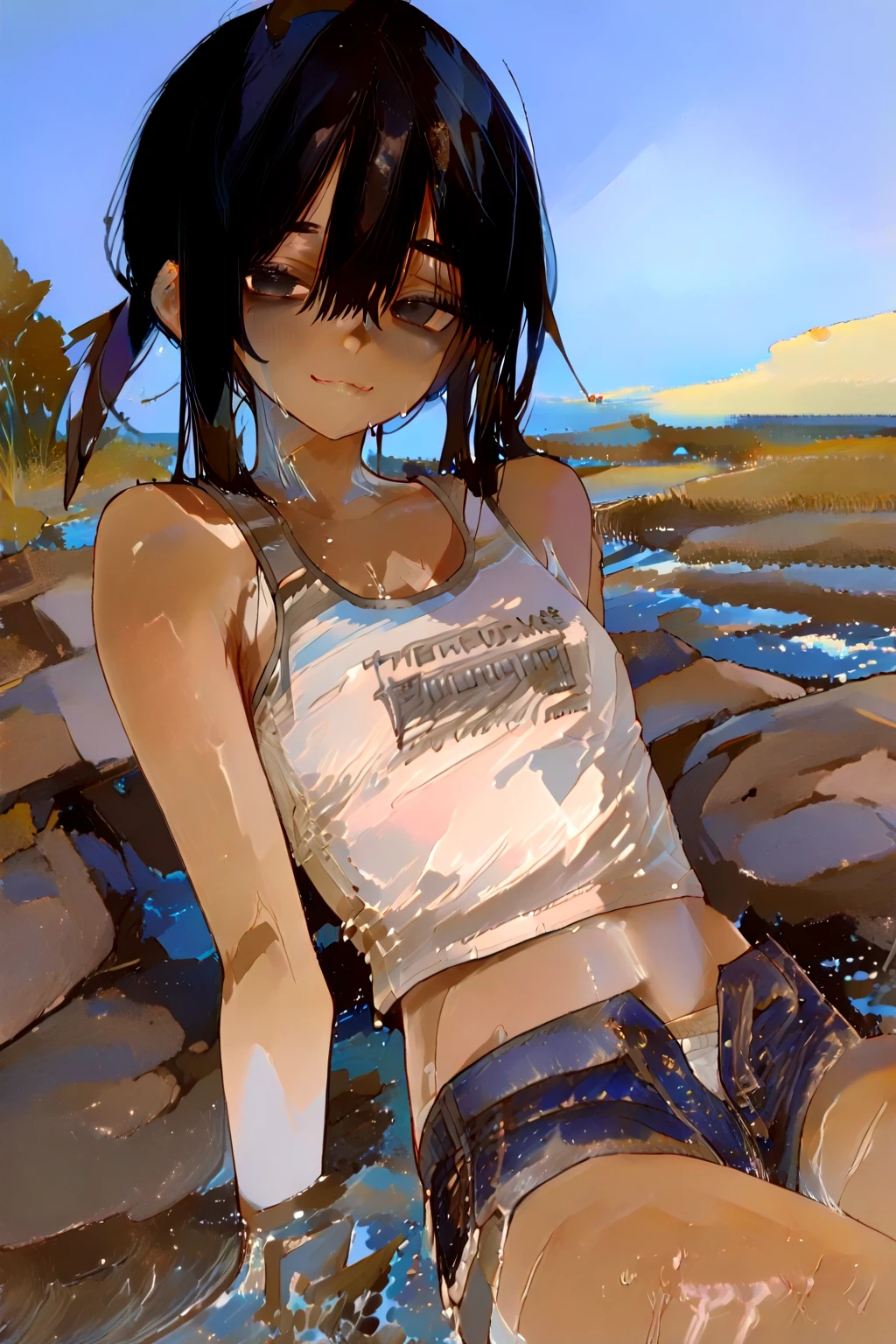  around 24 years old(baby face、slender figure、Looks like a 12 year old)Shorts as pantyhose(gumi)、top model(flat-chested)、Posed and photographed、Pose legal、graffiti art background、Provocative、raunchy、brat、grown-up