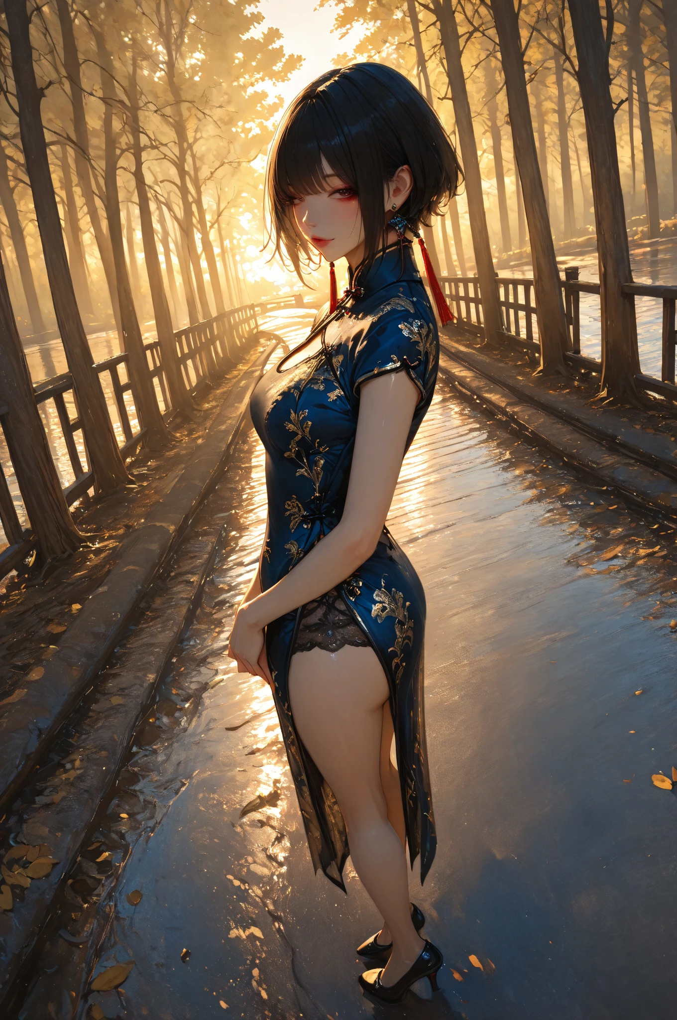 Ulchan-6500-v1.1, (RAW photo:1.2), (realistic:1.4), beautiful be familiar with girl, very be familiar with eyes and face, beautiful be familiar with eyes, super be familiar with, High resolution, very be familiar with, highest quality, masterpiece, Women in cheongsam, Silk cheongsam, Transparent cheongsam, wet clothes, French Updo Hair, intricate details, Bright colors, See-through, 深V, high slit, long skirt, cleavage, perfect breasts, ultra_be familiar with_nipple