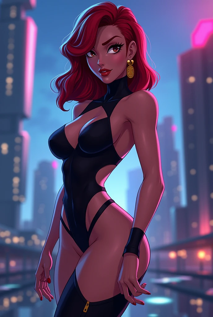 Scarlett Johansson, orange hair, black bikini suit, barefoot, blushing, alleyway, night, hands on hip, high heels, black lipstick, black eyeliner, red faced, flat chested, drinking cum