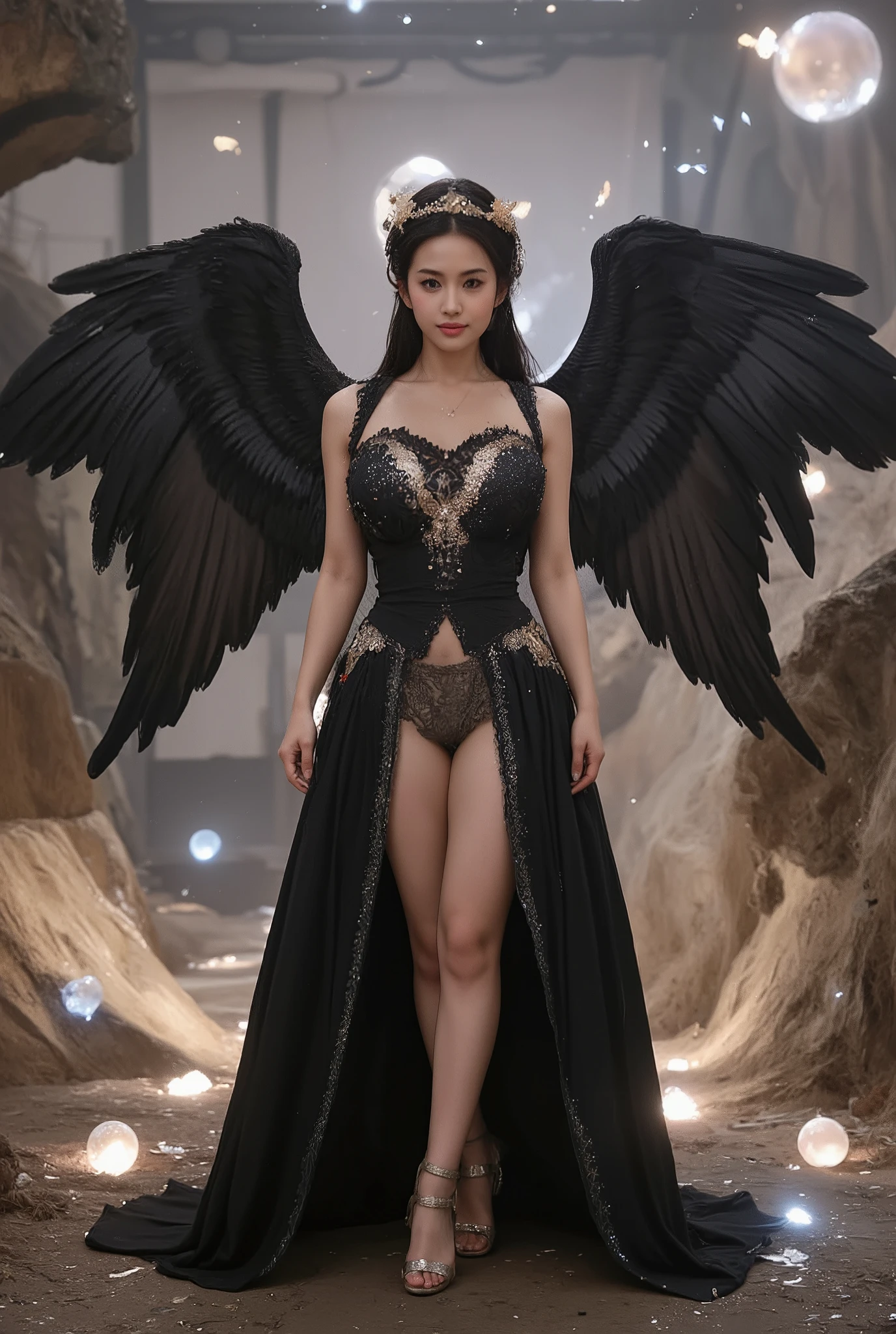 masterpiece, best quality, 1 woman, black hair, death angel, chaste, brown eyes, Crown, Angel Wings, black clothes, whole body, arms behind back, sky, halo, post apocalypse,