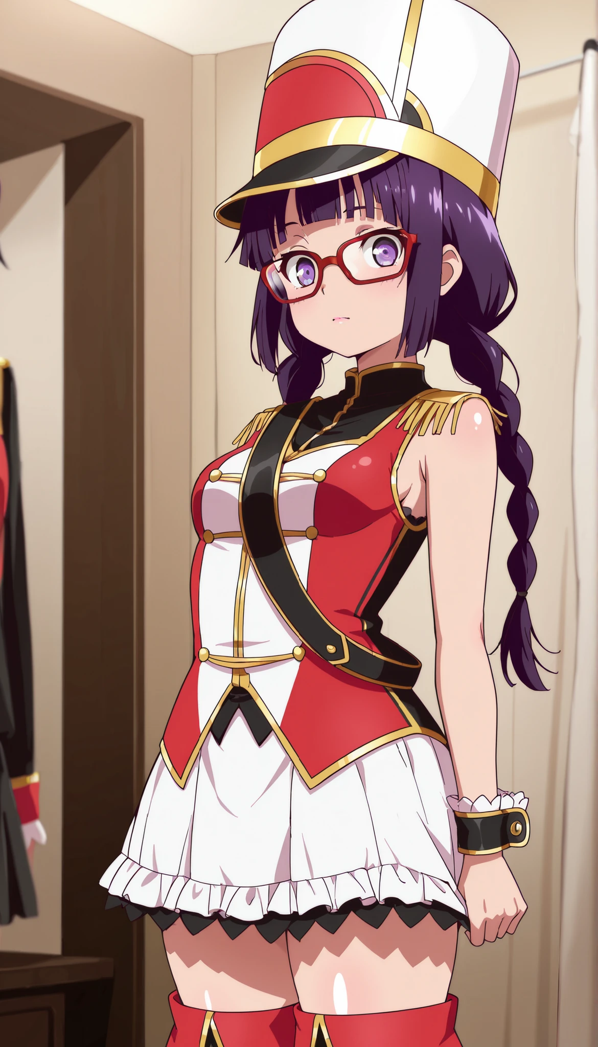 score_9, score_8_up, score_7_up, source_anime, solo, 1girl, looking at viewer, absurdres,highres,masterpiece,best quality,amazing quality, ultra detailed anime style, anime coloring, shiny skin, perfect eyes,detail1eye,well-defined fingers, AoiIzumizawa, purple hair, long hair, braid, twin braids, bangs, blunt bangs, antenna hair,opaque glasses, red-framed eyewear, medium-small breasts, kokorohhw, hhw skirt, hhw shako cap, hhw band uniform, hhw wrist cuffs, hhw thigh boots, cowboy shot, rouge lips,closed mouth, dressing room, indoor