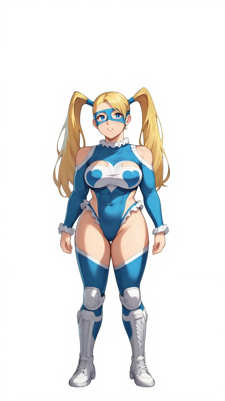 score_9, score_8_up, score_7_up, score_6_up, score_5_up, score_4_up, source_anime, medium shot, Street fighter, rainbow_mika_aiwaifu,blonde_hair,twintails,mask,very_long_hair,blue_eyes,muscular_female,muscular,leotard,clothing_cutout,domino_mask,wrestling_outfit,shoulder_cutout,blue_leotard,thighs,heart,heart_cutout,cleavage_cutout,frills,thick_thighs,thighhighs,covered_nipples,knee_pads,white_footwear,,1 girl,(smile), beautiful detailed face, beautiful detailed eyes, Navel, White skin, highleg, Detailed ice, absurderes,High Art, Ridiculous resolution, High resolution,