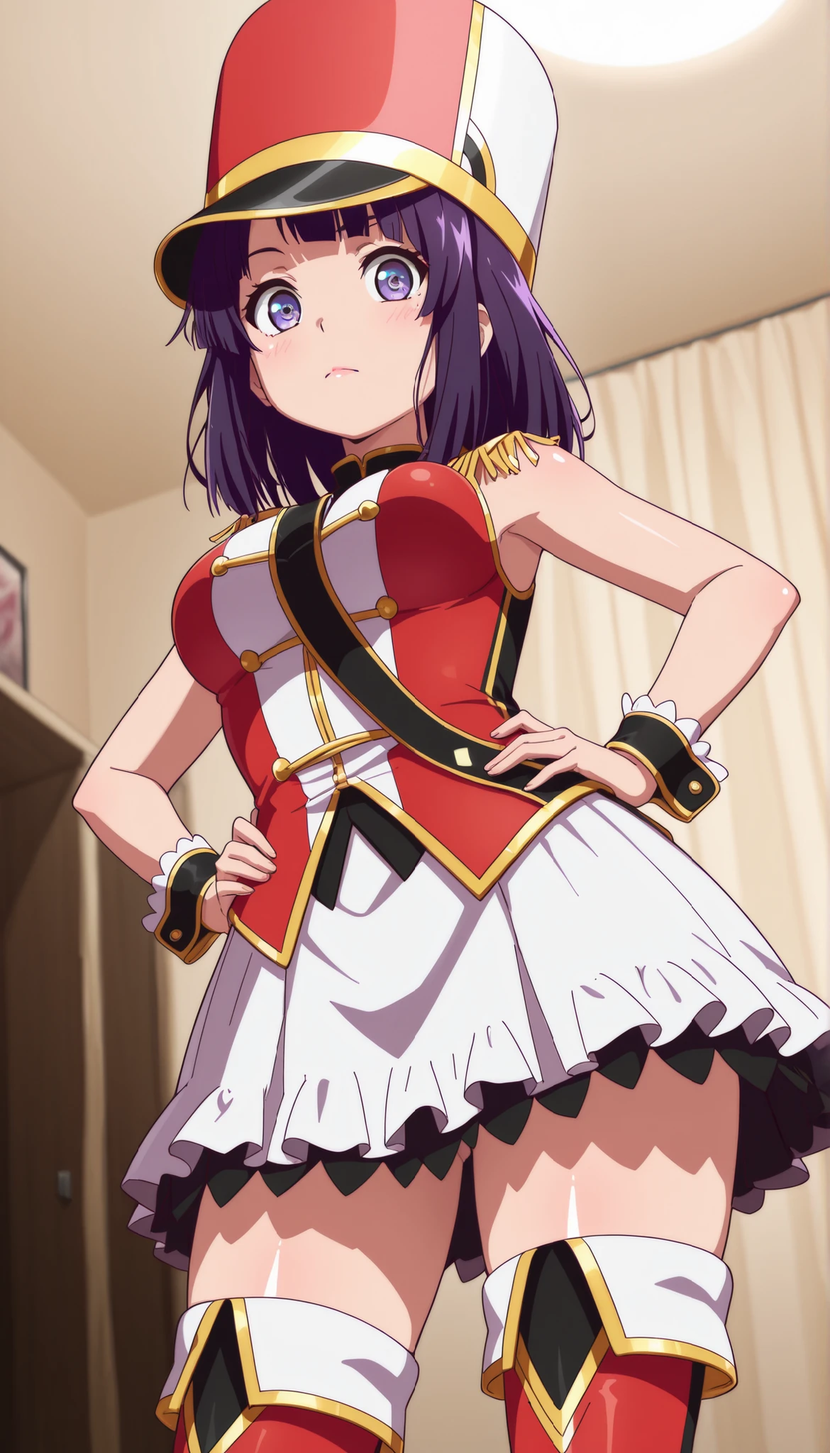 score_9, score_8_up, score_7_up, source_anime, solo, 1girl, looking at viewer, absurdres,highres,masterpiece,best quality,amazing quality, ultra detailed anime style, anime coloring, shiny skin, perfect eyes,detail1eye,well-defined fingers, AoiIzumizawa, purple hair, medium hair,medium breasts, kokorohhw, hhw skirt, hhw shako cap, hhw band uniform, hhw wrist cuffs, hhw thigh boots, cowboy shot, rouge lips,closed mouth,from below ,hands on hips, dressing room, indoor