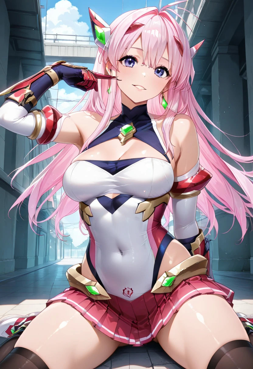 highest quality、complete limbs、Beautiful woman、solo、(pink hair woman:1.3)、(Woman with long straight hair)、(big breasted woman:1.3)、(((A woman wearing Diva combat uniform:1.3)))、smile、garden、woman with hands on hips