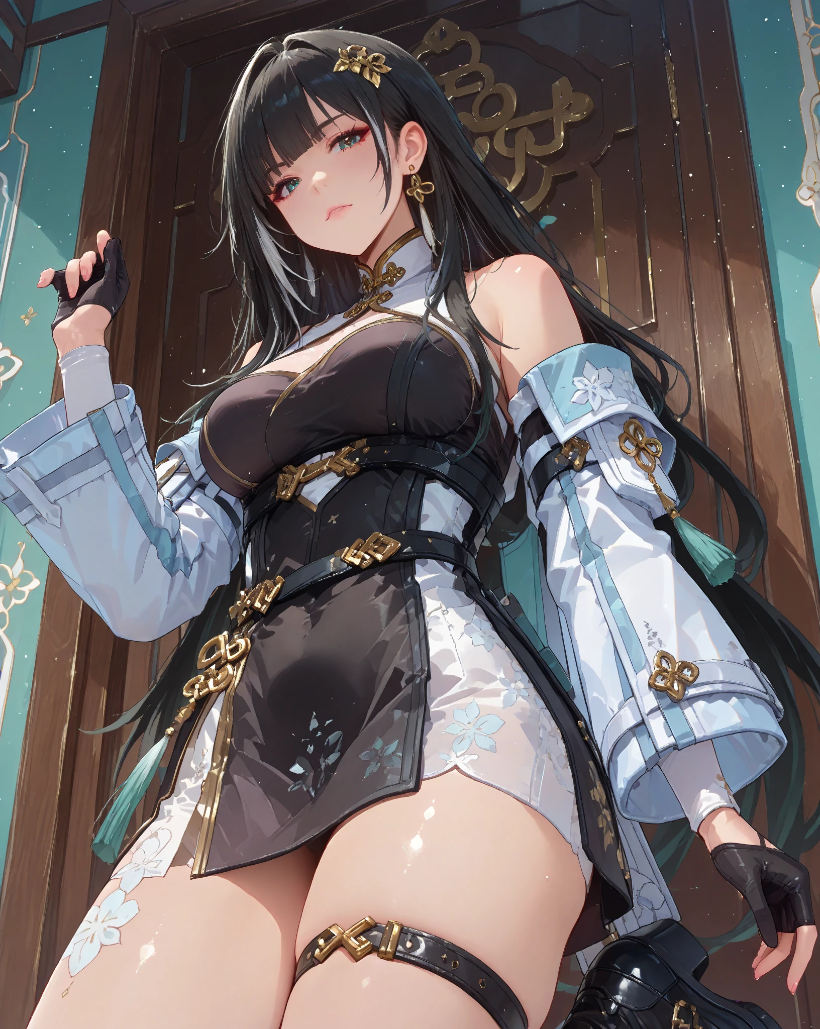 Paper-cut art,architecture,masterpiece,high quality,Super detailed,Super exquisite,8k,Chinese Geisha with cat ears, , cleavage, looking at viewer, arms behind back, 