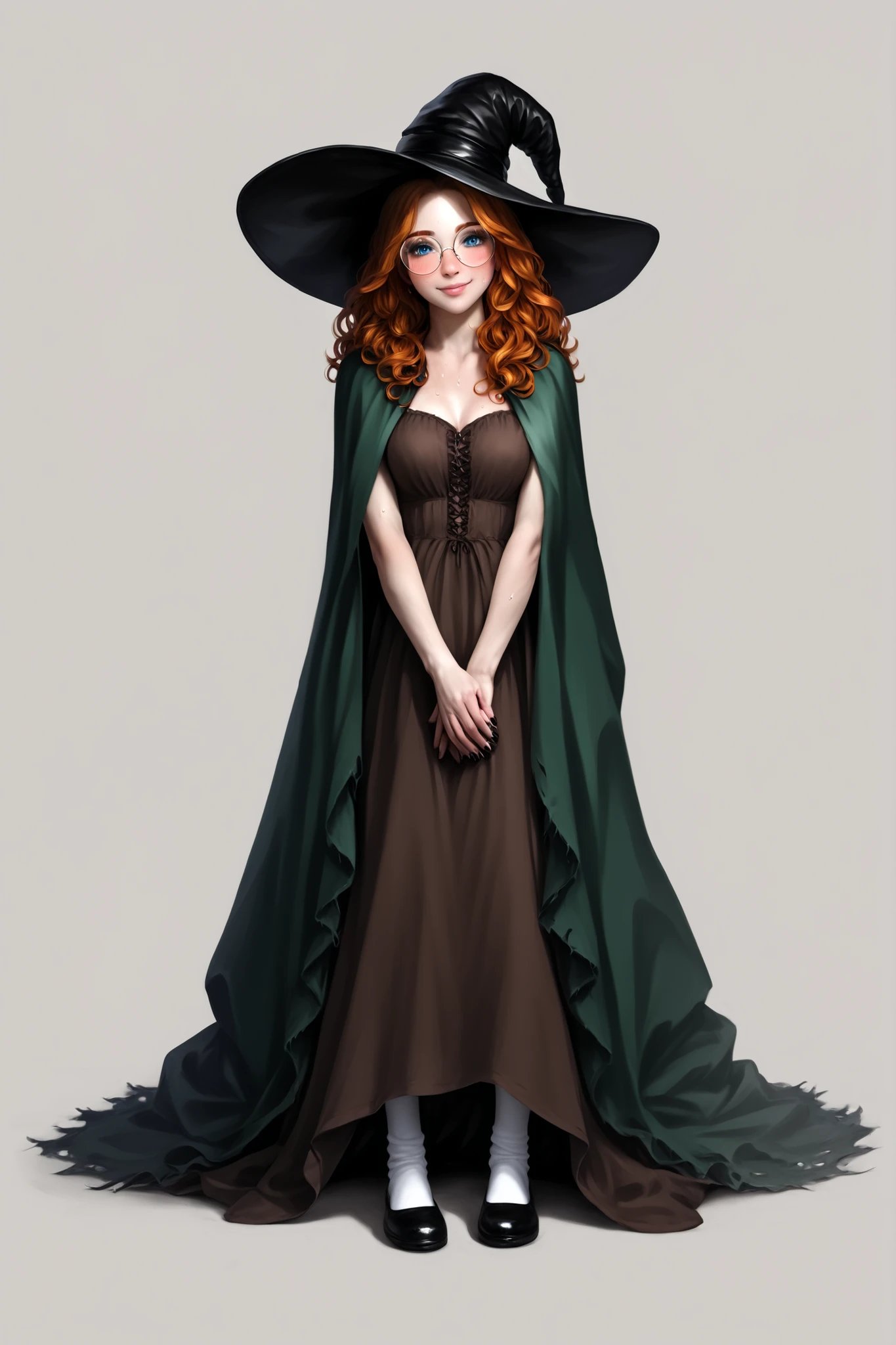 Sharp face details. realistic face texture. Trending. Masterpiece. Detailed comics. Full body. thick outlines drawing. Dynamic character pose. main character. girl pale white skin, detailed dark-red eyebrows. thick eyebrows. perfect doll, small nose. big cheeks. shy pose. detailed cute face. short girl. calm look. playful smiling face expression. looking at viewer with gentle foxy playful smile. beautiful lips, cute big cheeks, slightly blush. detailed medium breasts. sweat on cheek. detailed sweat. shy smile. Female is a cute small girl, short girl, petite body. 20 years old, standing pose, girl with long wavy hair, wavy bob-A hairstyle, messy fiery-orange hair. chaotic wavy hair. clear forehead. Oversized round glasses. perfect round glasses. carelees calm eyes. detailed blue eyes, detailed dark mascara. detailed body. detailed realistic skin, pale white skin. Huge black witch hat. Huge old witch hat. Black detailed hat. kong-length dress, peasant dress. peanut-brown dress. cotton brown dress. white socks. tight-fitting thin white socks. black mary jane shoes, green cloak. short green cloak on top. detailed hips. blush on the knees. blush on pale body. Dark nails. Detailed dark nails. character creation menu. fantasy character creation frame. goth girl aesthetic. logic body proportions, detailed skinny legs, perfect anatomy. realistic toes. realistic proportions. tender pale skin. pale-white girl. soft details, intricate details, masterpiece, ultra detailed comics, high quality, 8k, fat outlines drawing. best quality, realistic, cinematic, powerful composition. dark souls atmosphere. A game of shadows. Clear. Simple white background. sensual and dramatic light. Sharp face focus, photorealistic details. Moody. expressionistic. dramatic chiaroscuro. realistic shadows. Ultra realistic, realistic graphics. Detailed fingers, detailed hands, detailed skin, Detailed face, realistic body, detailed face. Detailed eyes.