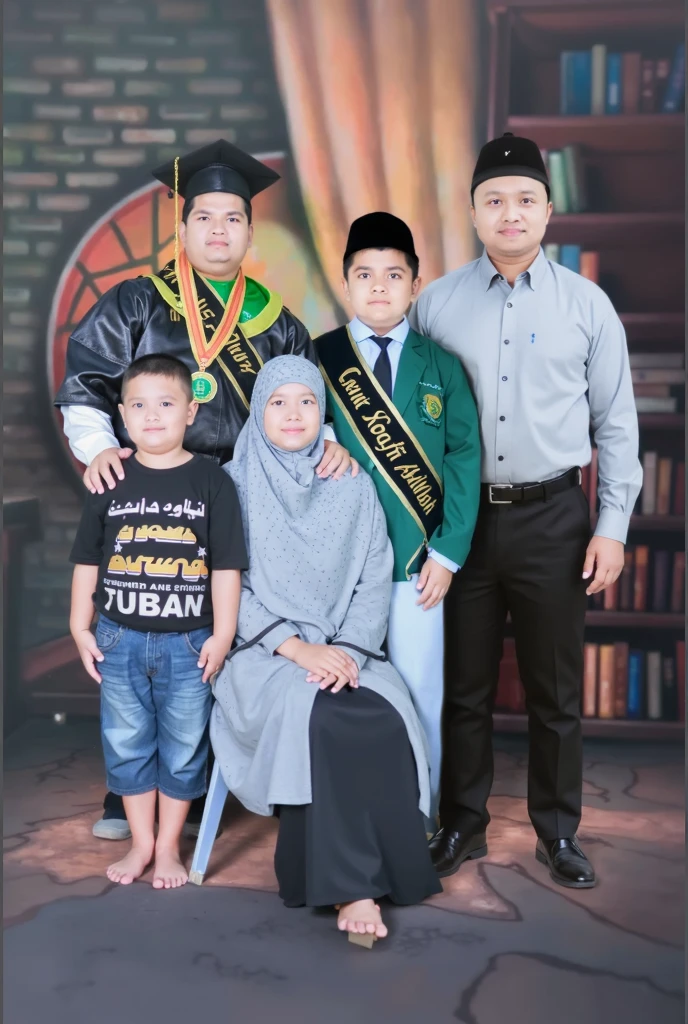 photo indoor, ten member, a 25 year old Indonesian woman wearing hijab, wearing graduation cap and medal, wearing black with blue light and grey graduation gown, accompanied by a father and mother aged 50 wear navy muslim clothing, sits on chair and holding a boy and a girl. A boy aged 5 standing, while two brother wearing navy muslim clothing standing, and two sister wearing navy long dress sharia with hijab, bookcase background with ornaments, flower vases, HD, 8k