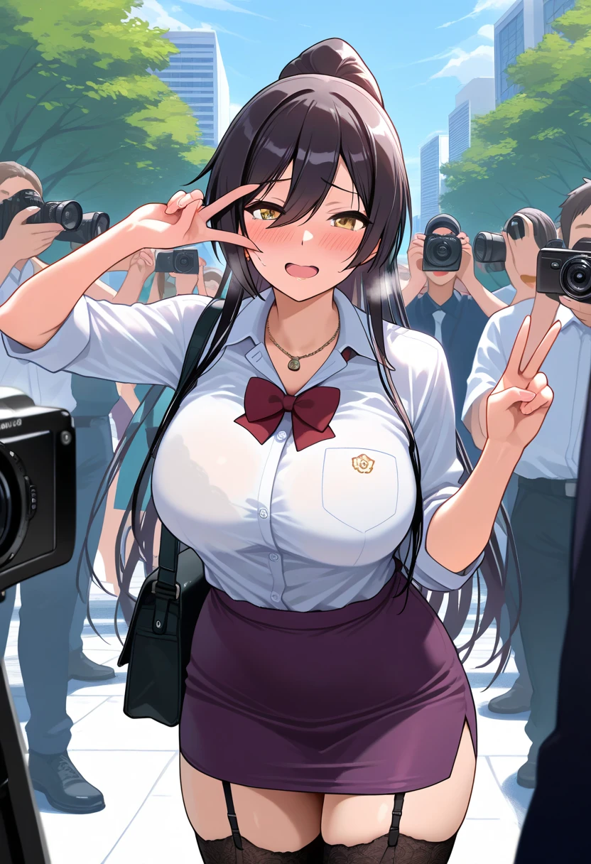 ((Highest quality)), ((masterpiece)), (detailed), One person,Age 25,Office Lady,suit,mini skirt,(Open the buttons on your shirt),Big Breasts,blush,Underbust,(Her cleavage is visible),(Excited expression),(Captivating look),Several men with cameras,(Put a camera up her skirt),(Surrounding the model girl),(Excited Men).Browsing Caution,sexy,(Put your hands together)Sweat,(Black garter belt),(Move your tongue up and down),