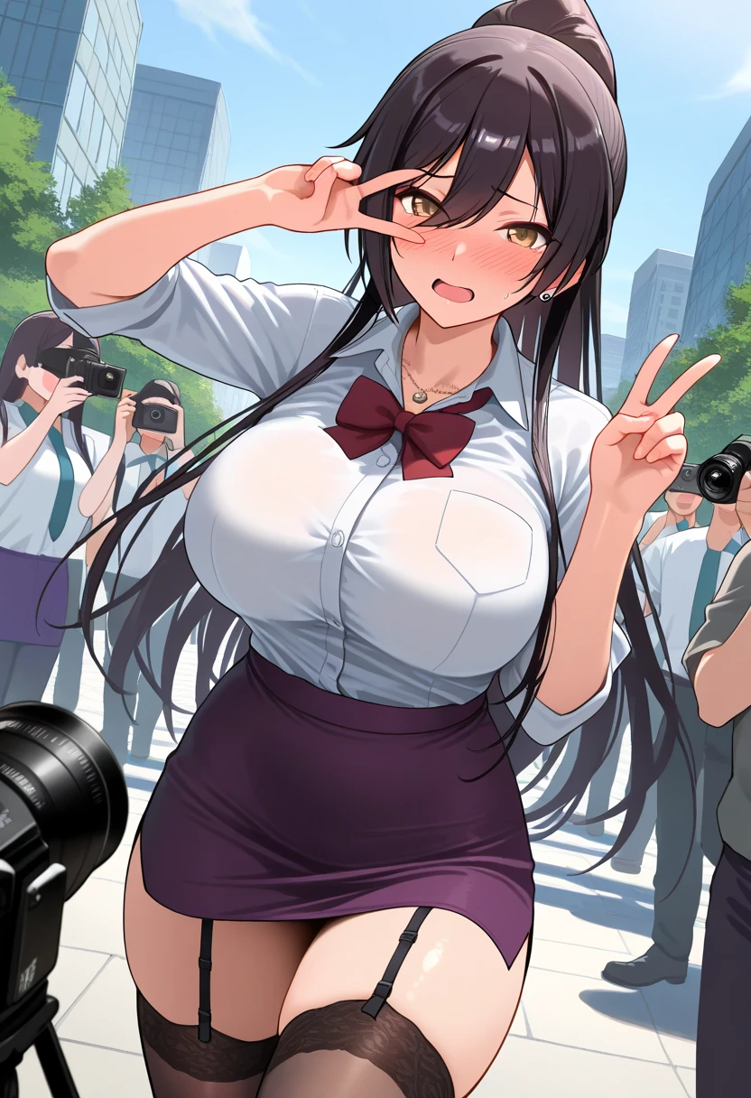 first place girl,Long straight hair,Just the right bangs,black hair,Purple suit top,拿着newspaper,red tie,Glasses,White shirt,newspaper,黑色Glasses,one person,daytime,Outdoor red and white bikini,angry,Shouted