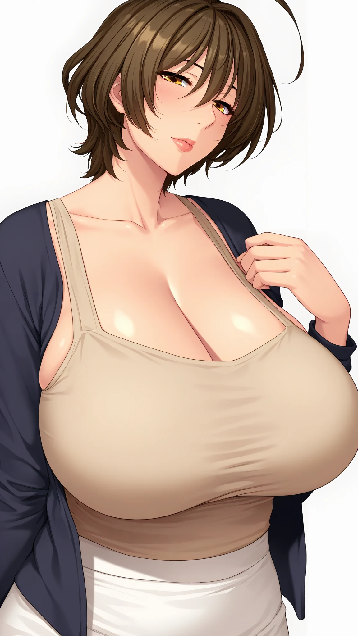 Beautiful and sexy girl, big breasts and plump, short brown hair and wearing very revealing clothes (sexy) and is in the kitchen